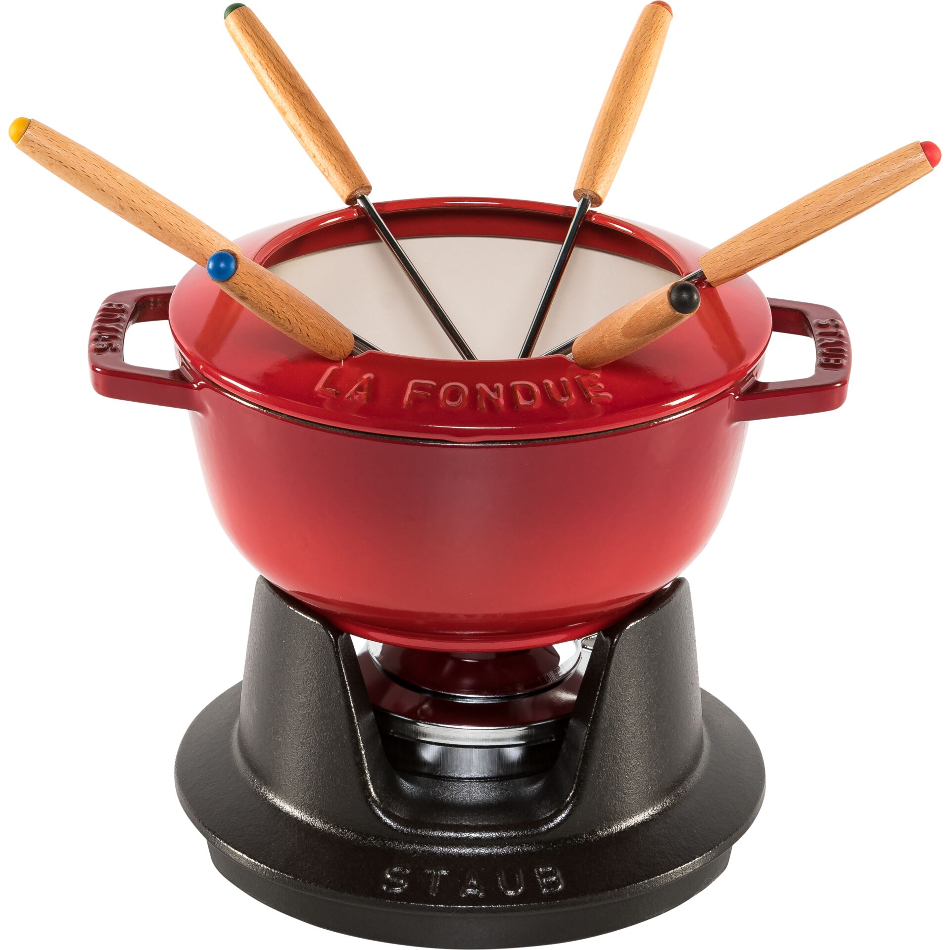 Fondue-Topf, Fondue-Set, Roter Topf, Pfannenständer, Holz-Gabeln