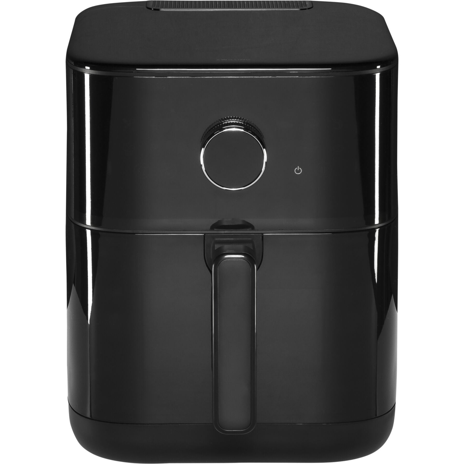 Airfryer, Schwarzes Gerät, Vorderansicht, Drehknopf, Antihaftkorb