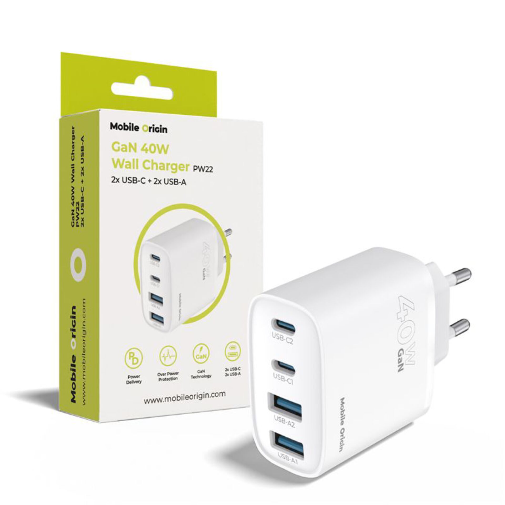 Wandladegerät, GaN-Ladegerät, USB-C, USB-A, 4-Port-Ladegerät