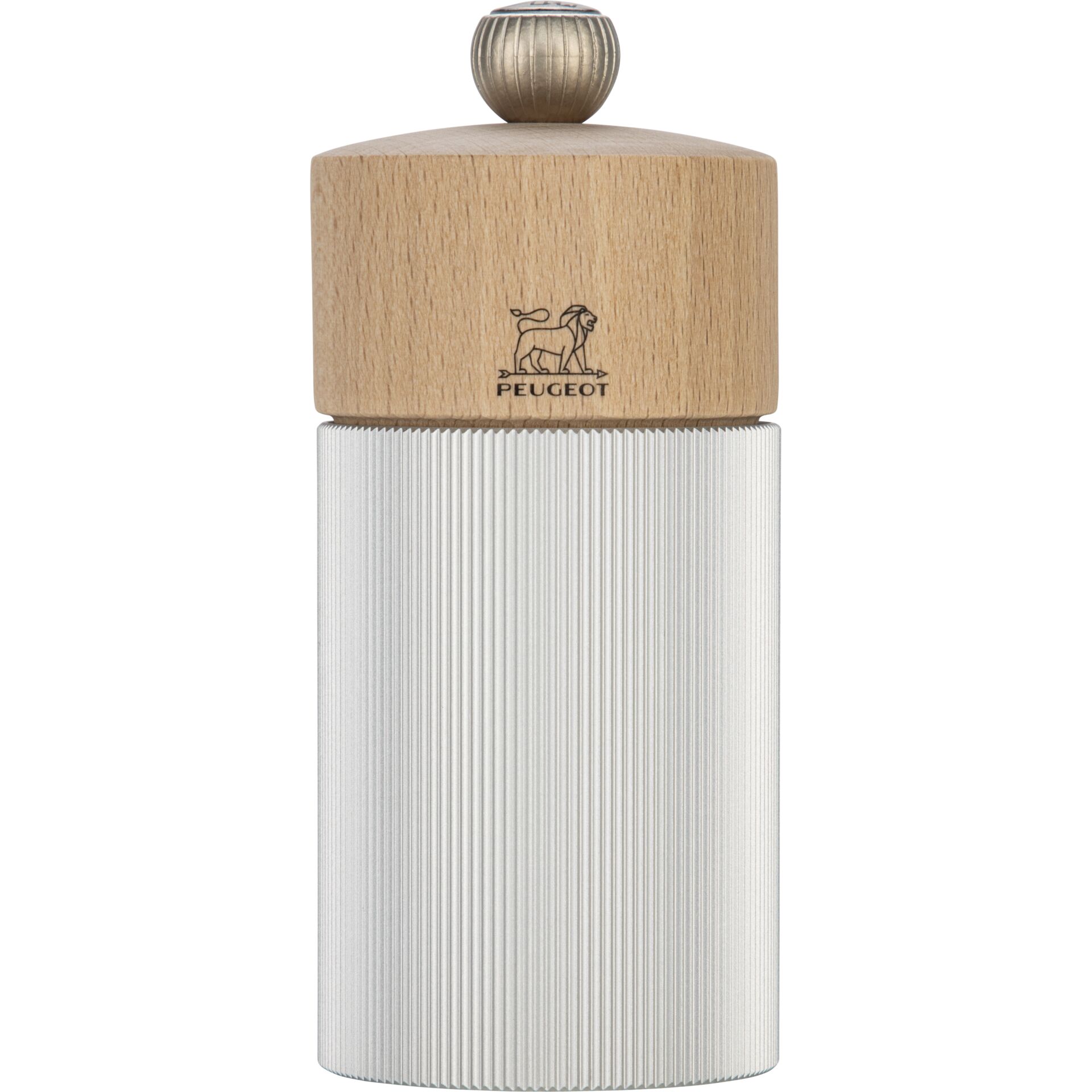 Kaffee-Mühle, Holzdeckel, Metallmühle, geriffelte Oberfläche, Peugeot