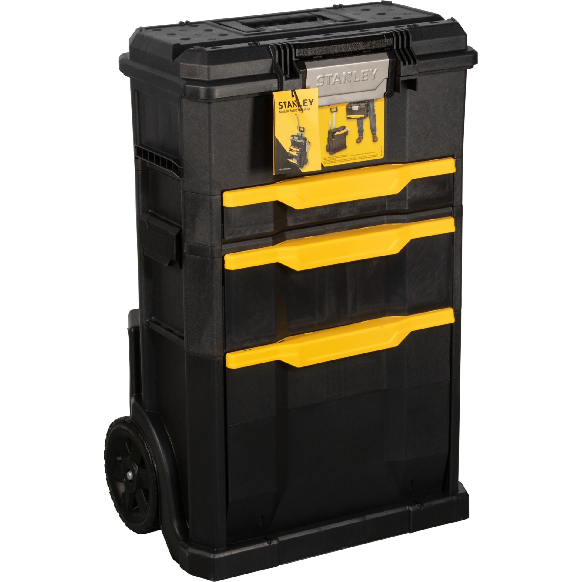 Werkzeugtrolley, Aufbewahrung, Rollwagen, Teleskopgriff, gelbe Griffe, Werkzeugkiste, Rollwagen, Kunststoffkiste, Schwarz-Gelb, Aufbewahrungskiste