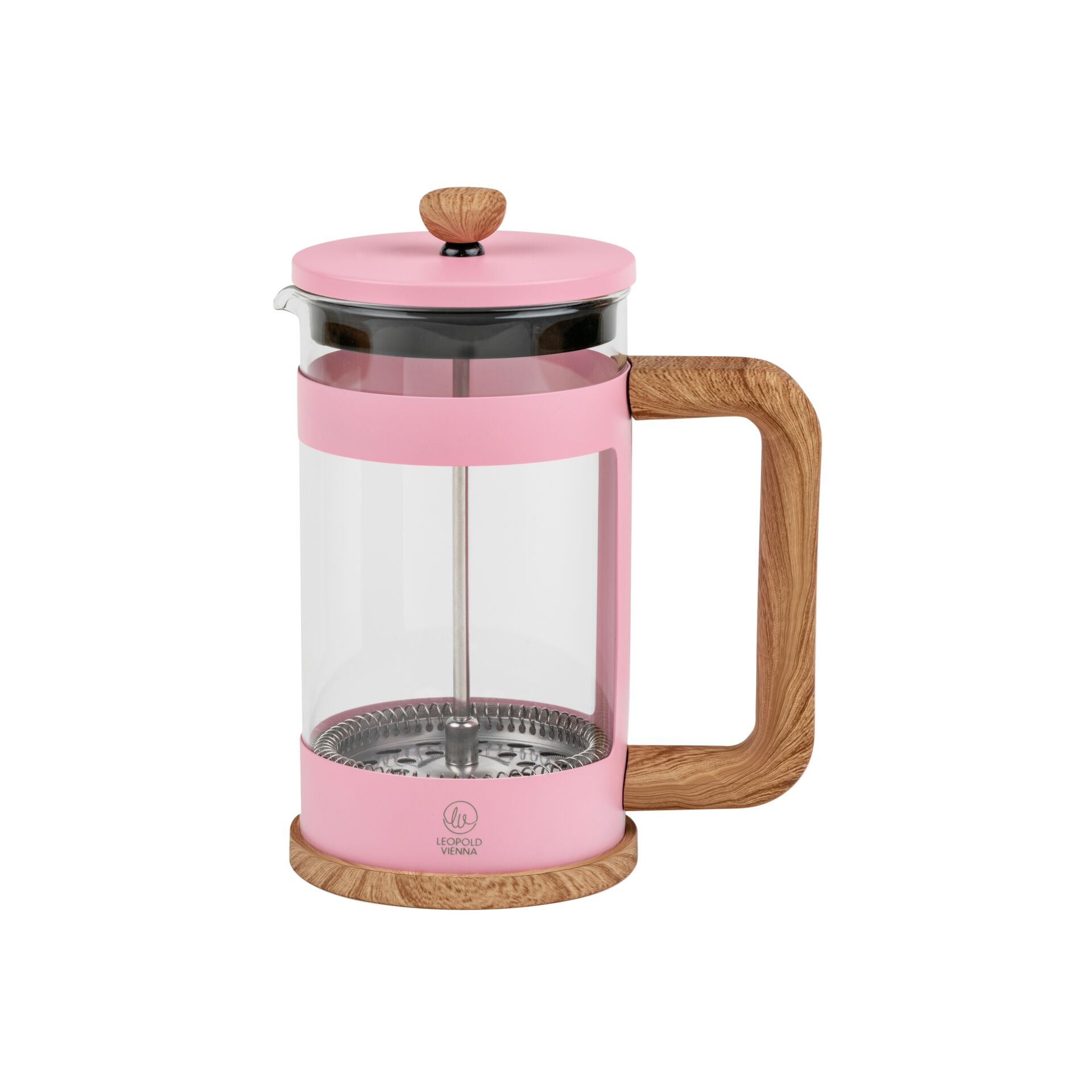 French press, Glasbehälter, Pink, Holzgriff, Metallfilter