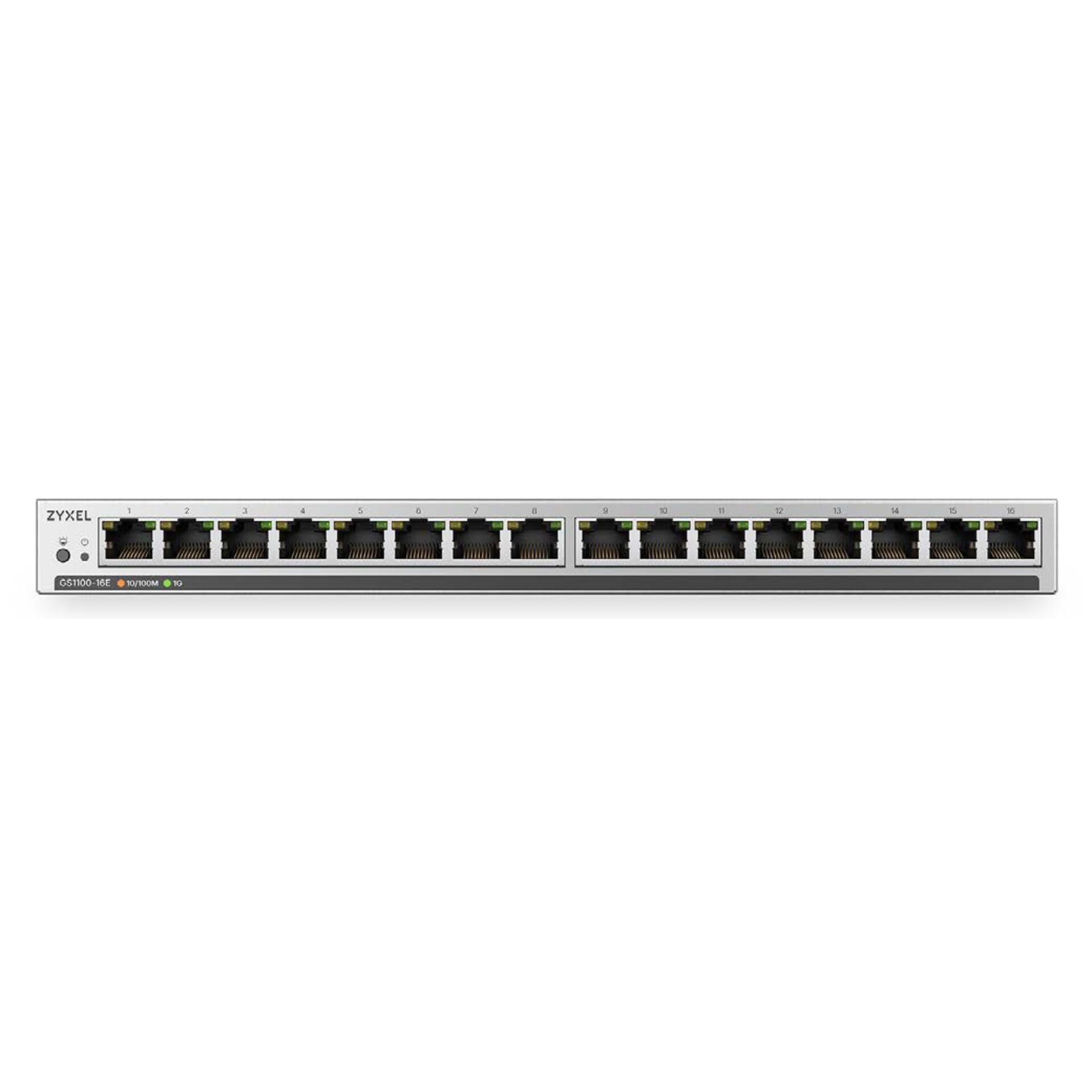 Netzwerk-Switch, 16 Ethernet-Ports, RJ45-Anschlüsse, Metallgehäuse, Grau