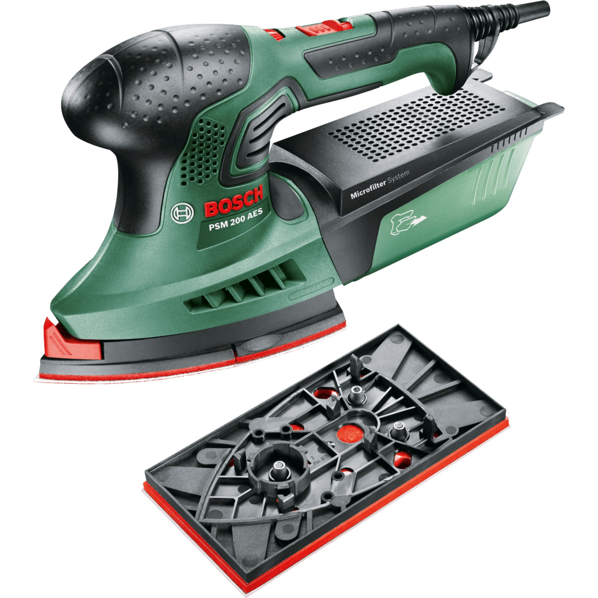 Schleifer, Bosch, PSM 200 AES, Schleifer mit Staubschutz, Werkzeugset