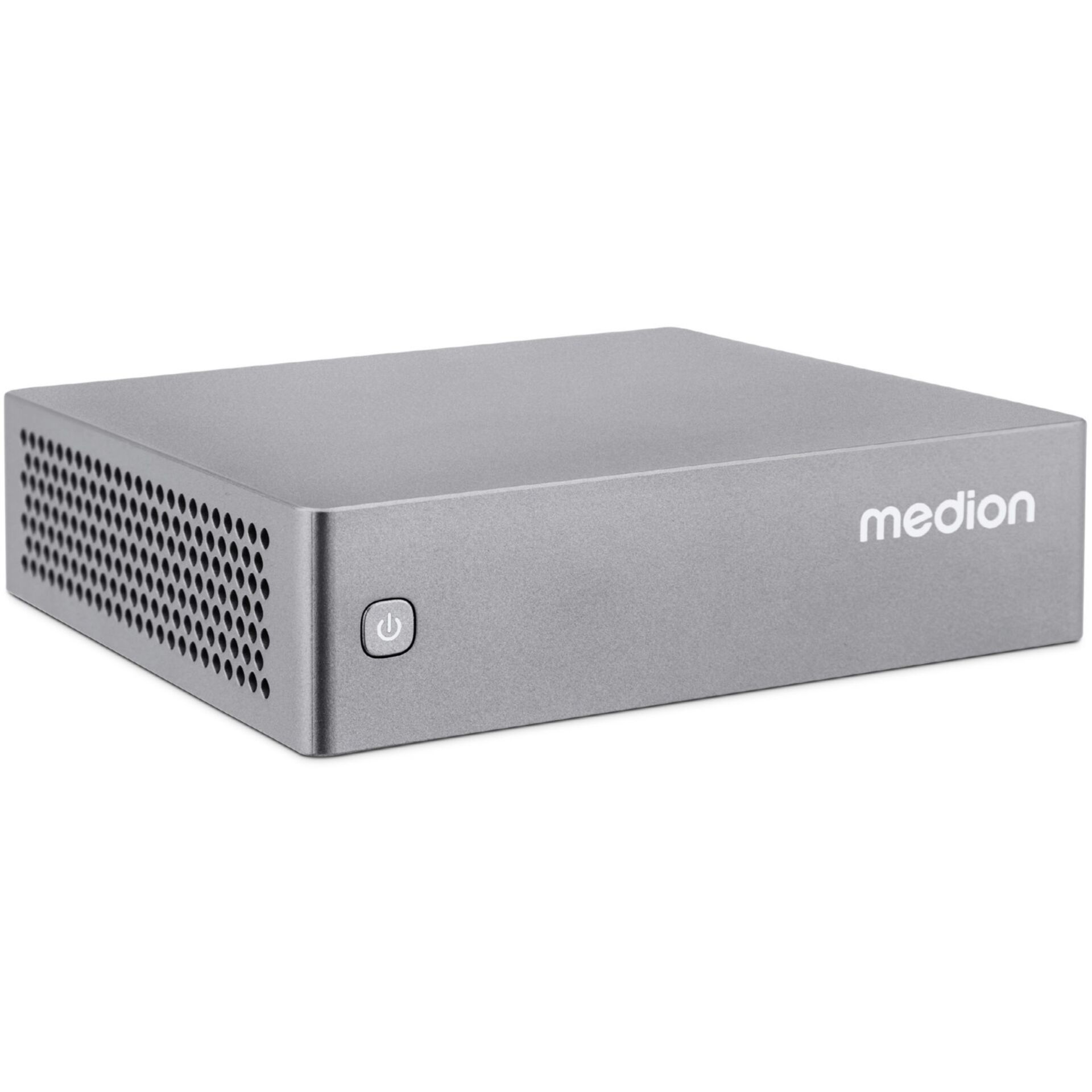 Mini-PC, Silber, Belüftungslöcher, Netzschalter, Medion