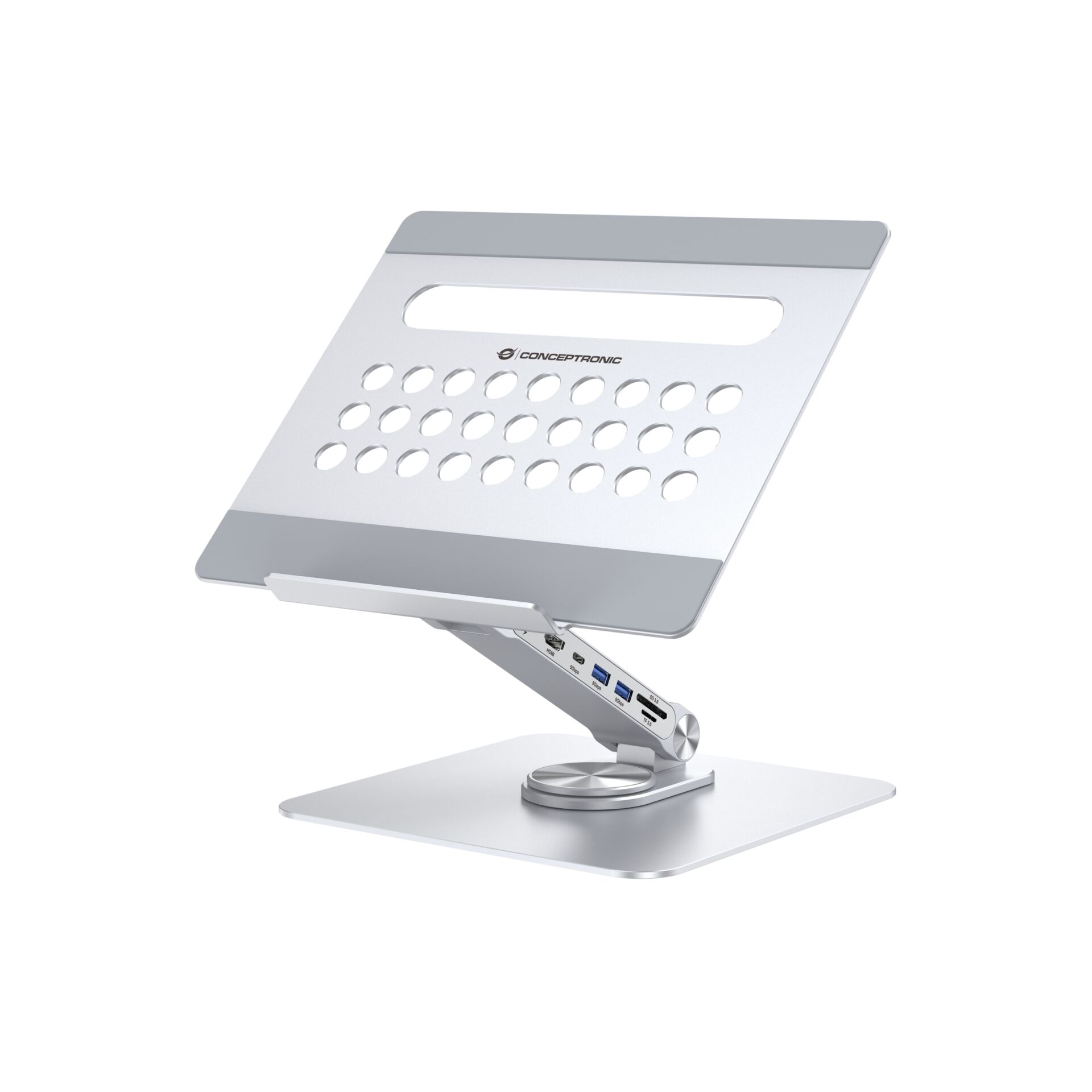Laptop-Ständer, Verstellbarer Ständer, Belüftetes Panel, USB-Hub, Aluminium Silber