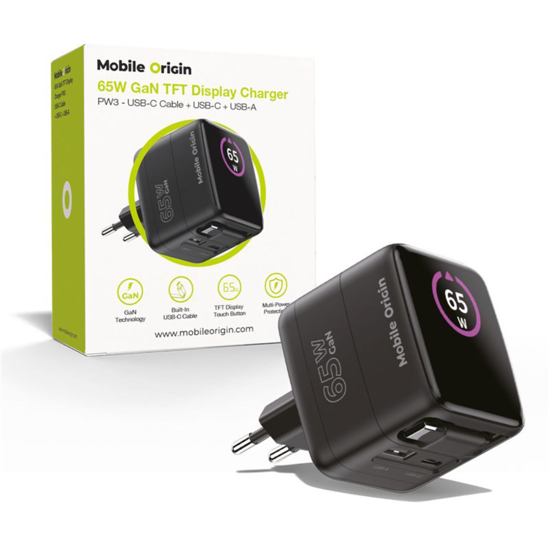 GaN Ladegerät, 65W, USB-C, USB-A, Ladewürfel
