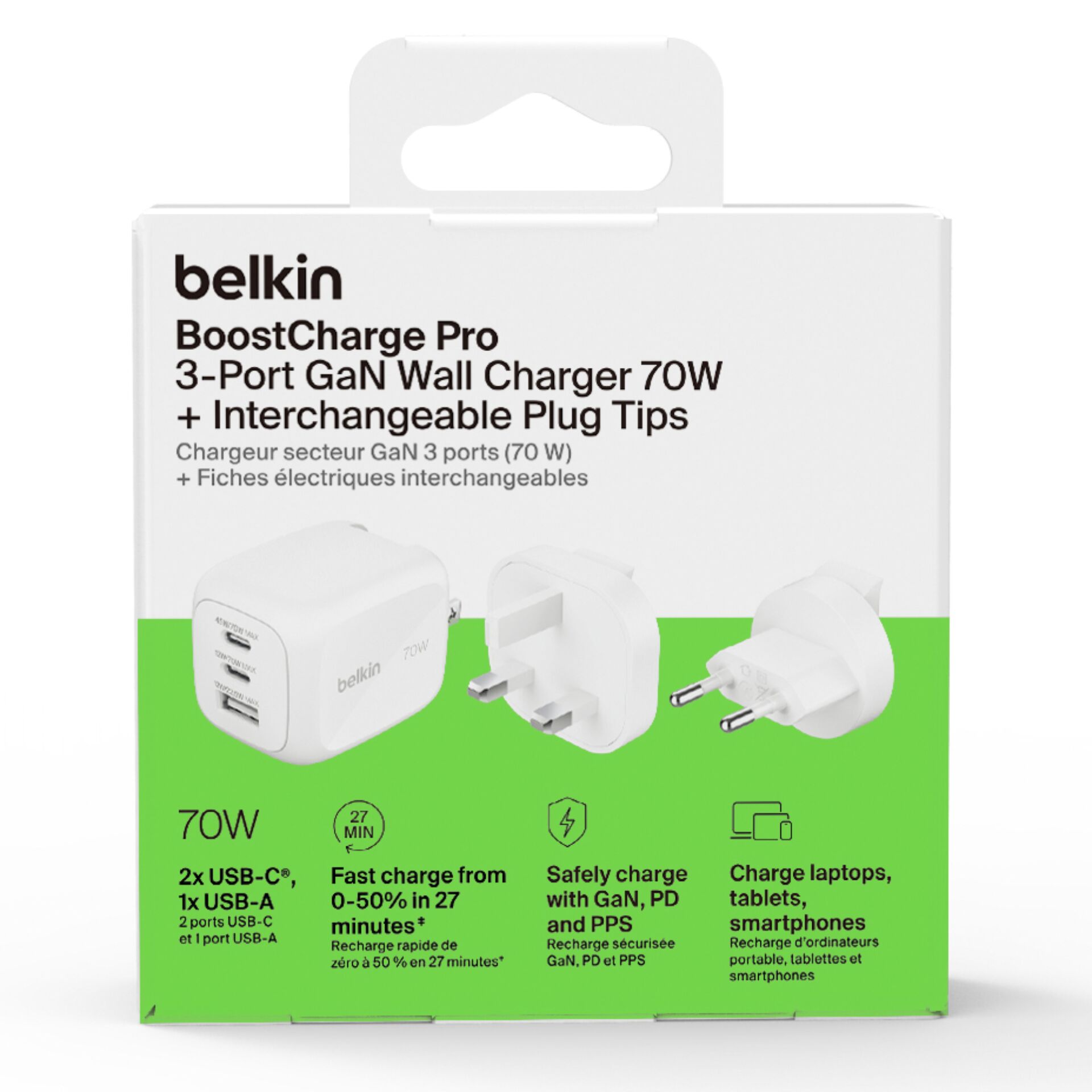 3-Port, GaN, Wandladegerät, 70W, Austauschbare Stecker