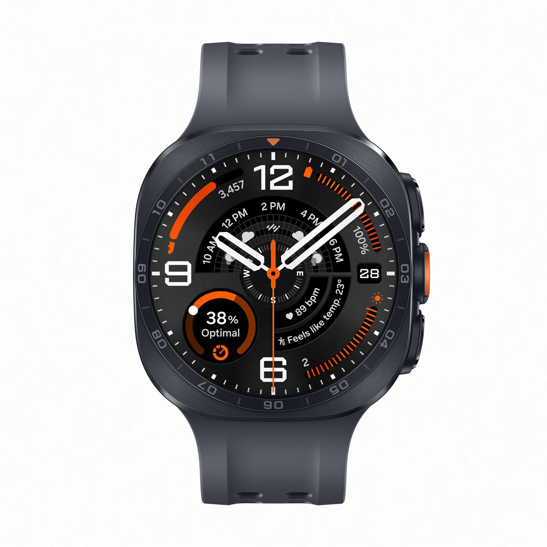 smartwatch, digitaleuhr, schwarzuhrr, orange Akzente, runder Ziffernblatt