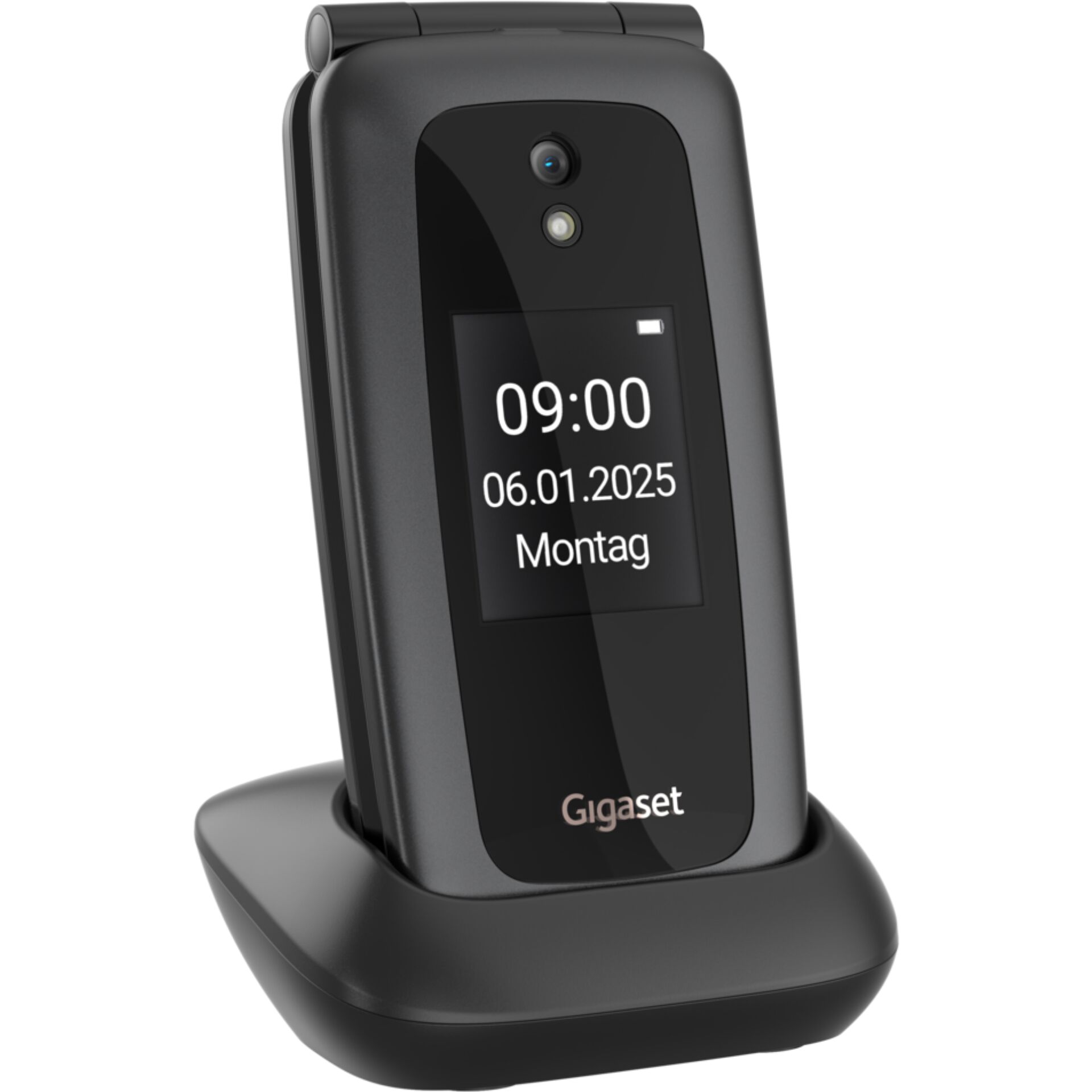 flip-telefon, clamshell, ladestation, digitalanzeige, schwarz