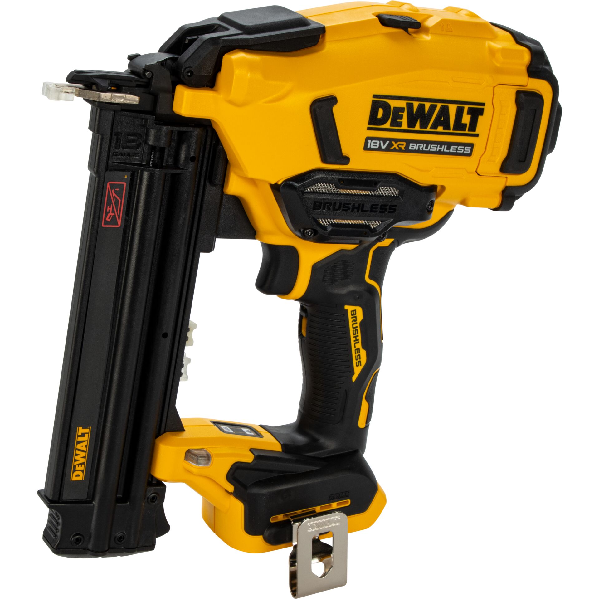 Akku-Nagler, 18-Volt-Werkzeug, bürstenloser Motor, gelb-schwarzes Gehäuse, Nagelmagazin