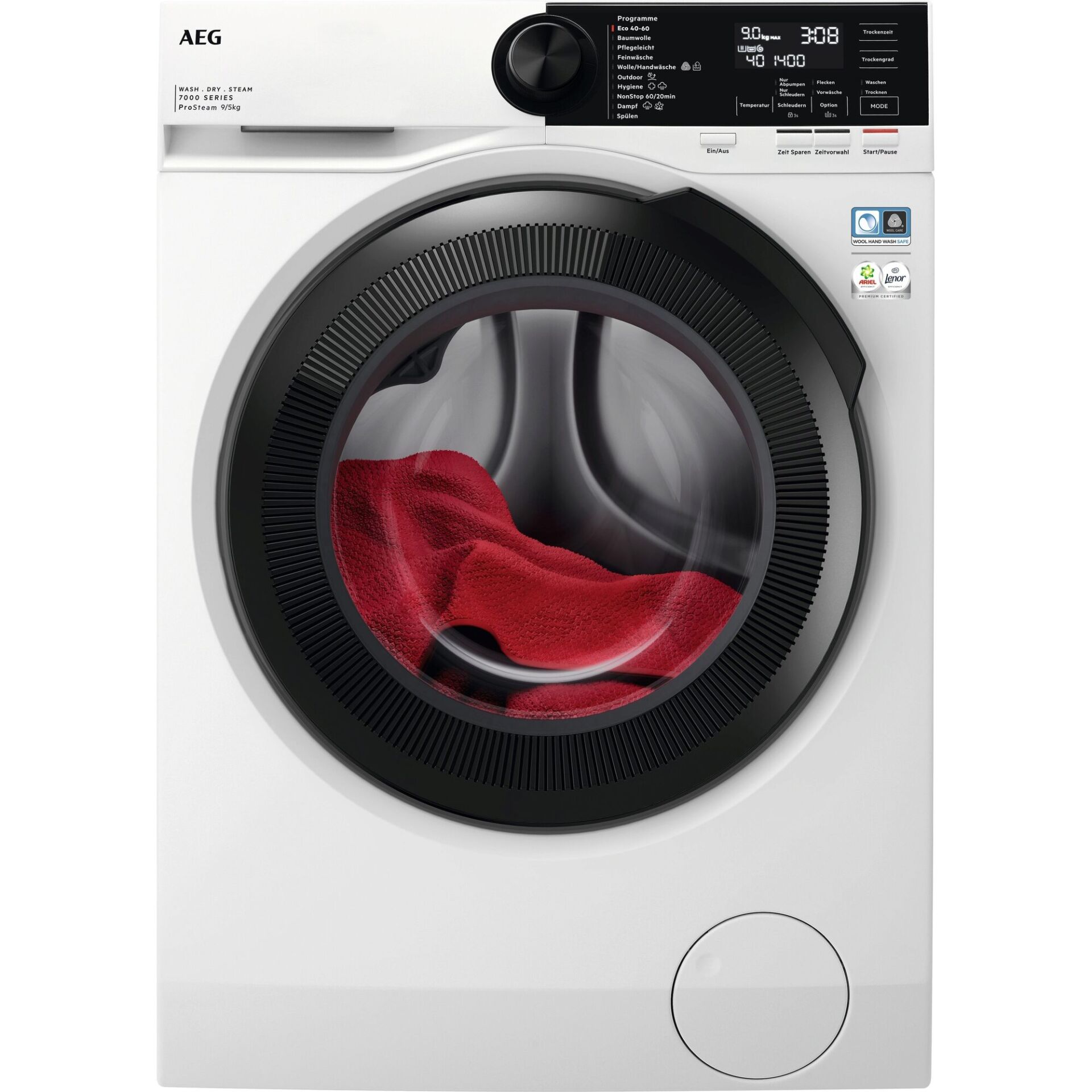 Waschmaschine, Frontlader, Kohle/Schwarz, Glasfenster, Rot