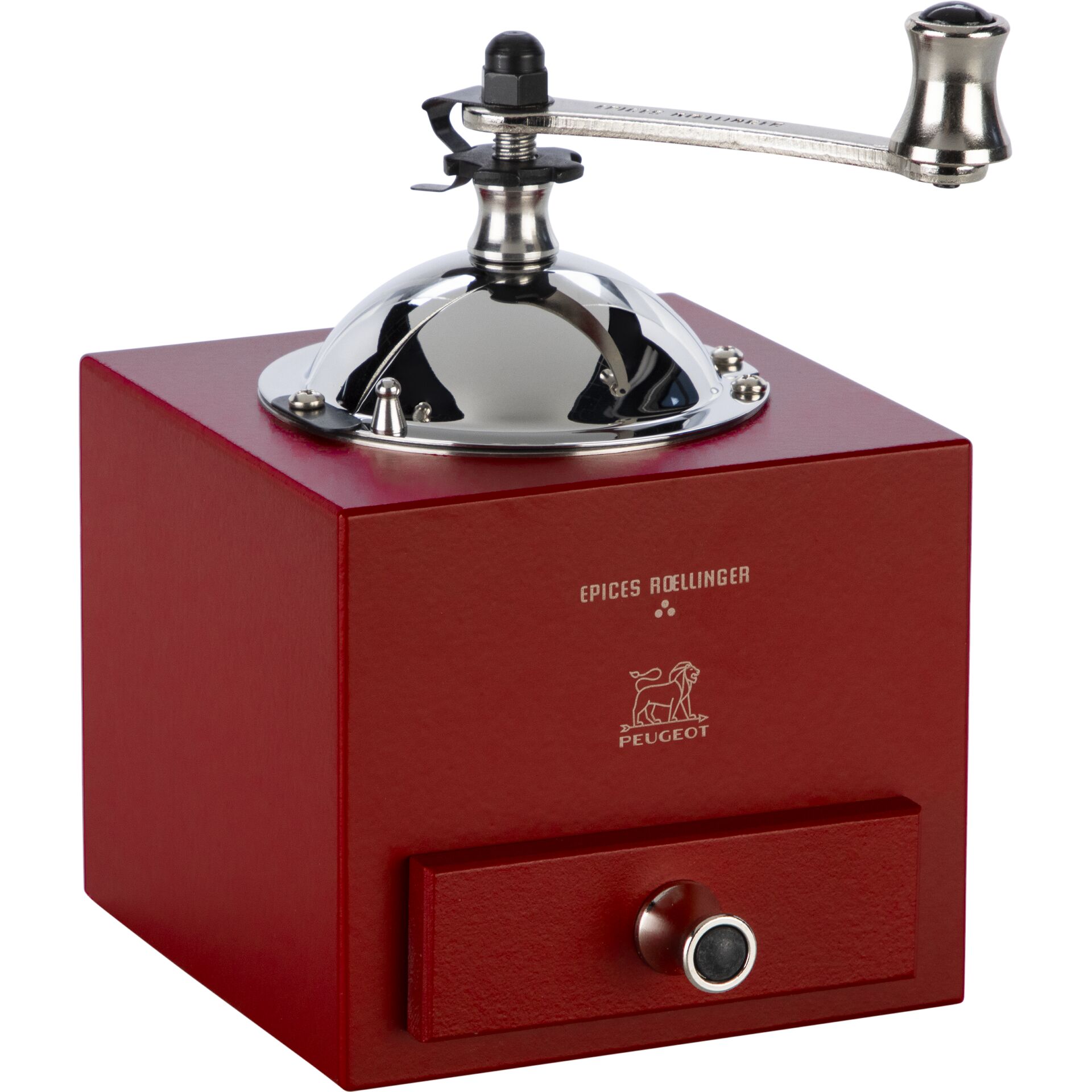 manuell mahlen, Kaffeemühle, kugelknopf, rote holzbox, Metallknopf