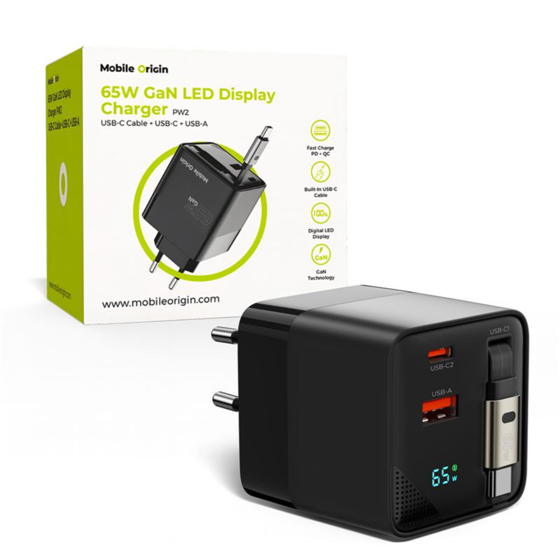 USB-C Ladegerät, 65W, LED-Anzeige, GaN, Multiplattform-Ausgänge