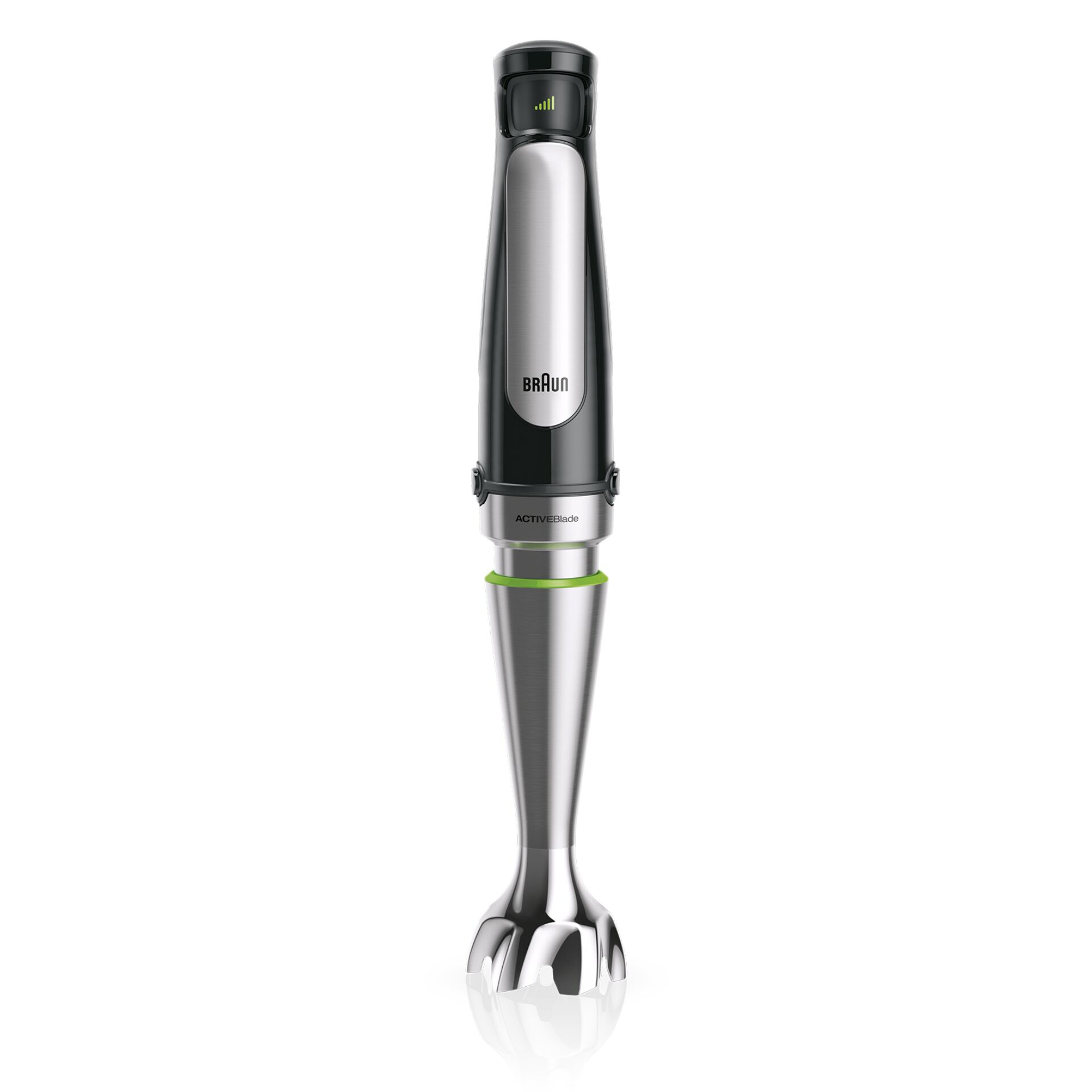 hand blender, immersion blender, Edelstahl, schwarz-silber, grüne Akzentfarbe