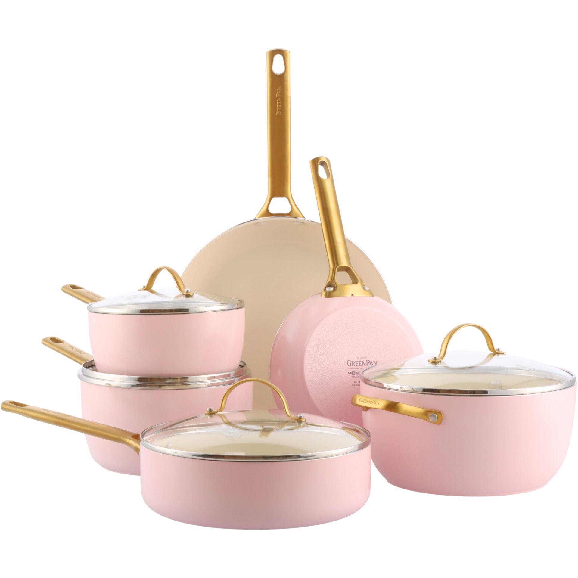 Kochtopf-Set, Pfannen-Set, Mint-rosa, Edelstahl, glasdeckel