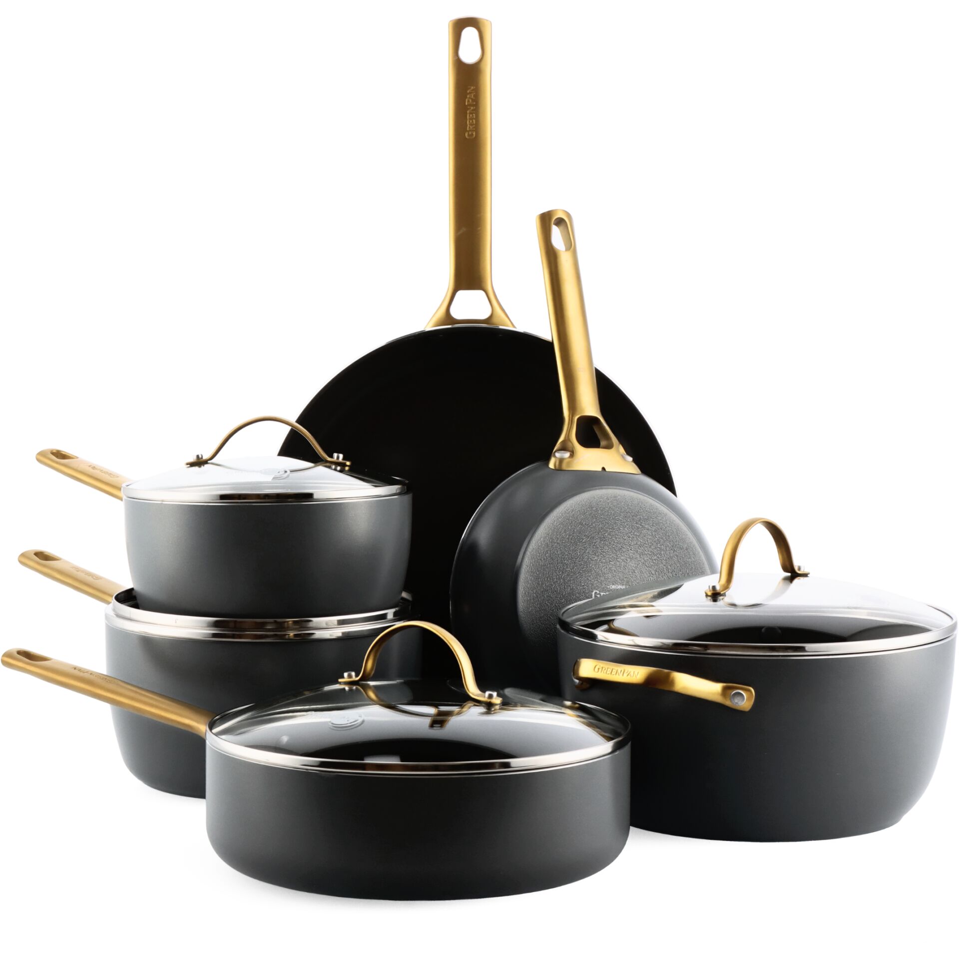 Töpfer-Set, Kochgeschirr, Pfannenserie, Antihaft, Goldene Griffe