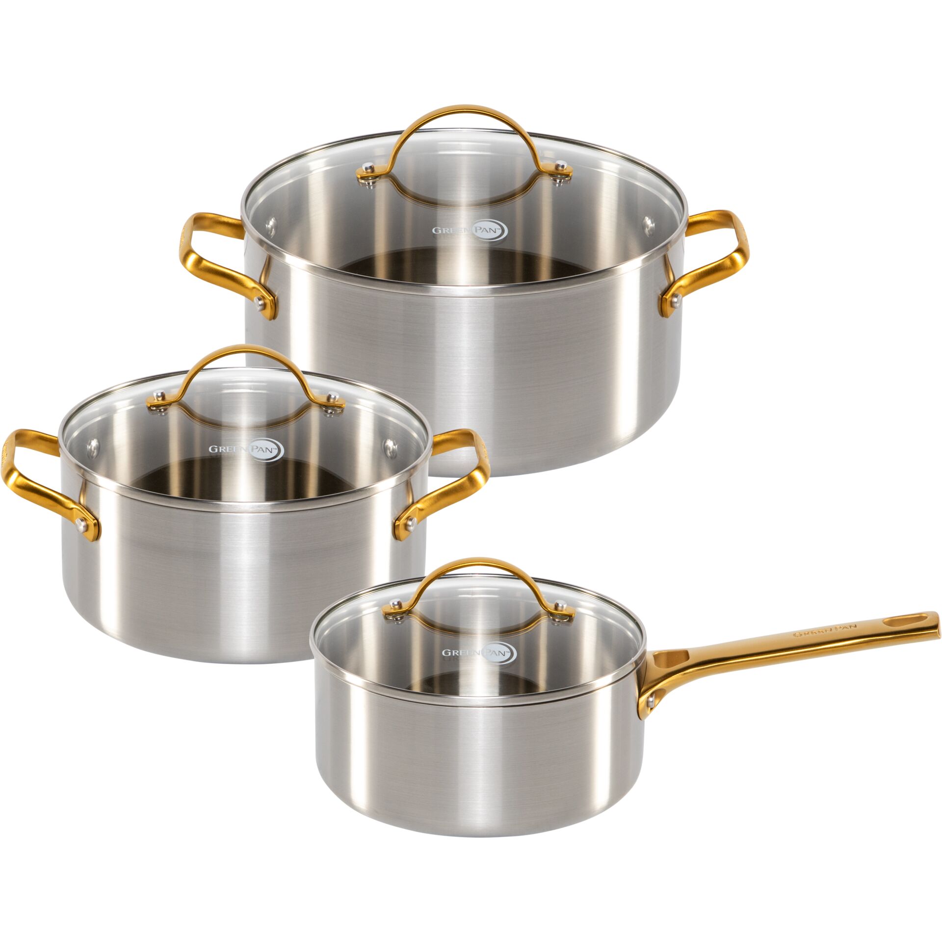 Topfset, Stahltopf, glänzend, goldfarbene Griffe, Glasdeckel, Topfset, Edelstahl, Glasdeckel, Goldfarbene Griffe, Mehrteiliges Set