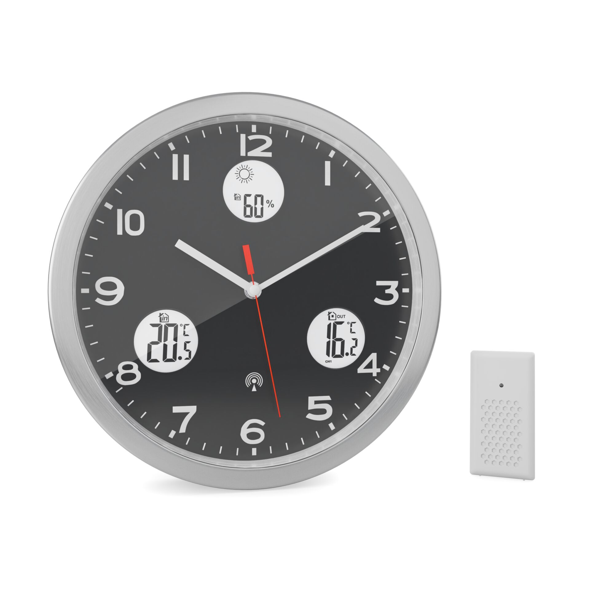 Wanduhr, Analoguhr, Quartz, Silberrahmen, Digitalanzeigen
