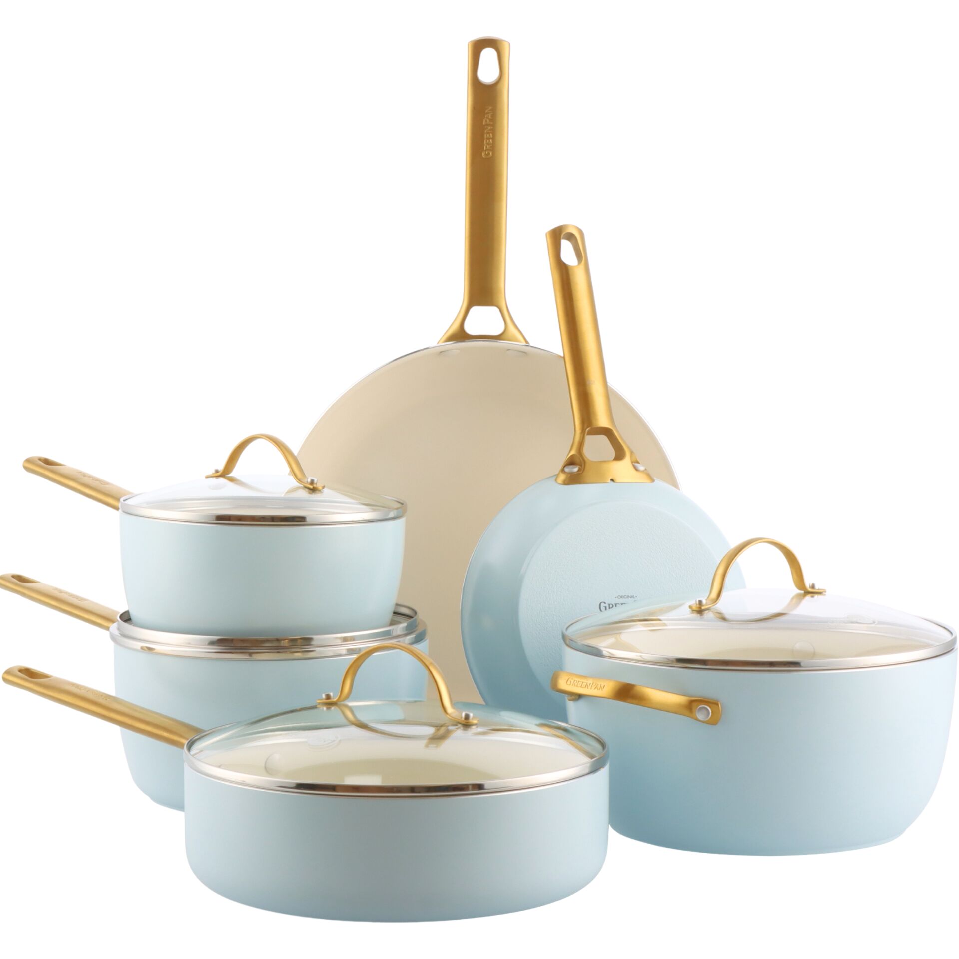 Kochtopf-Set, Pfannenset, Töpfe, Beschichtete Pfannen, Goldgriffe