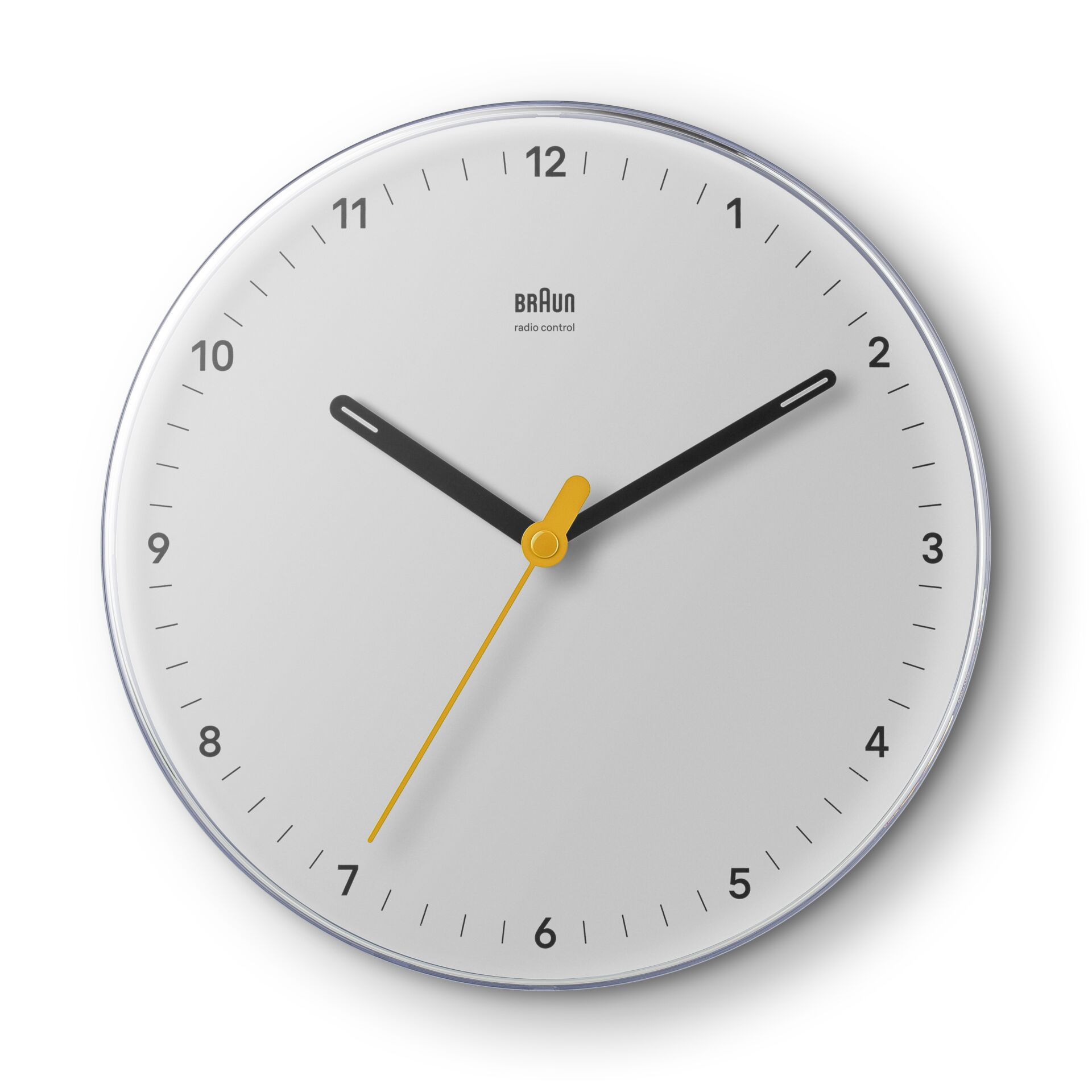 Uhr, Wanduhr, rötliche Metalloptik, runde Uhr, gelber Sekundenzeiger