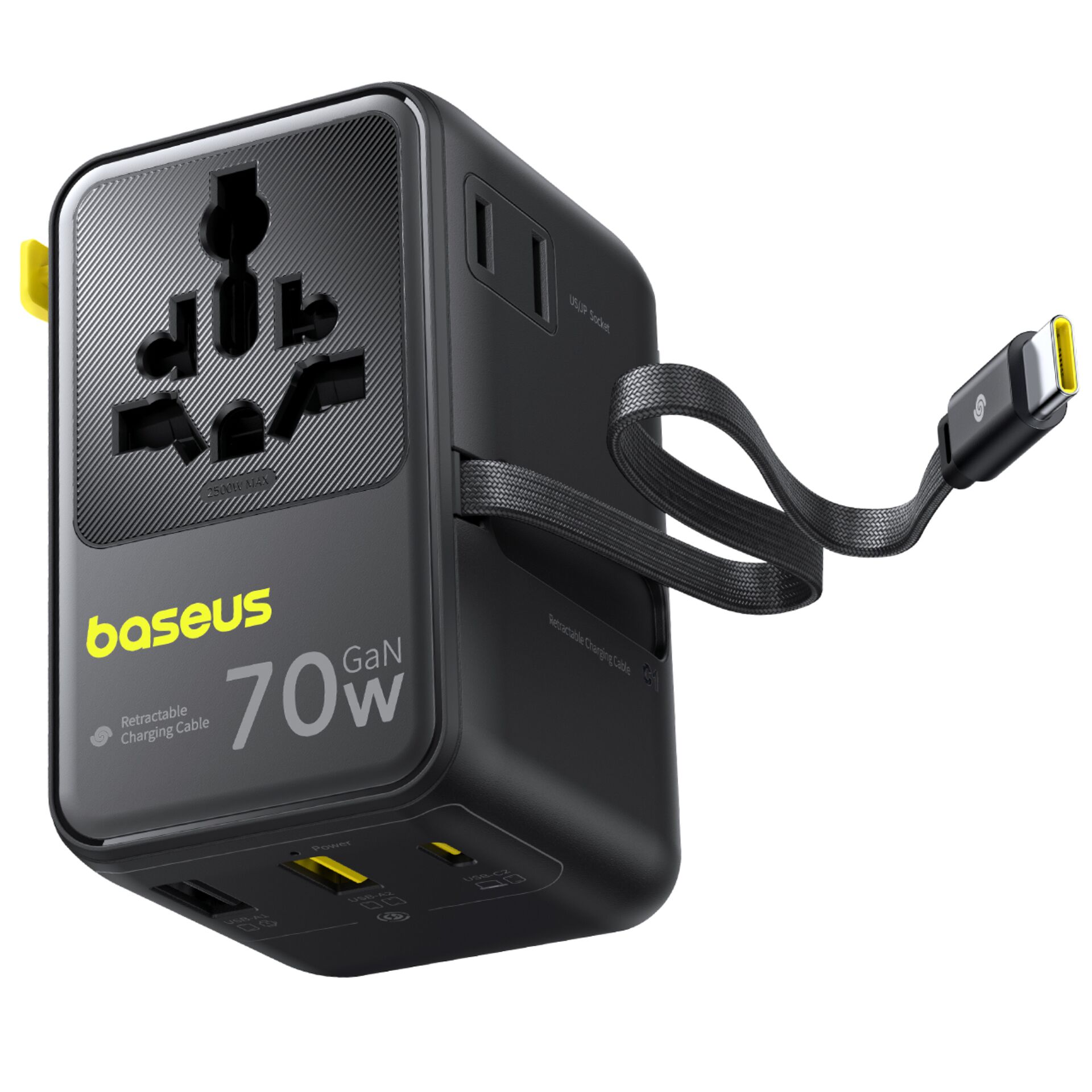 Reiseladegerät, Wandhalter, USB-C, GaN 70W, Kabelrolle