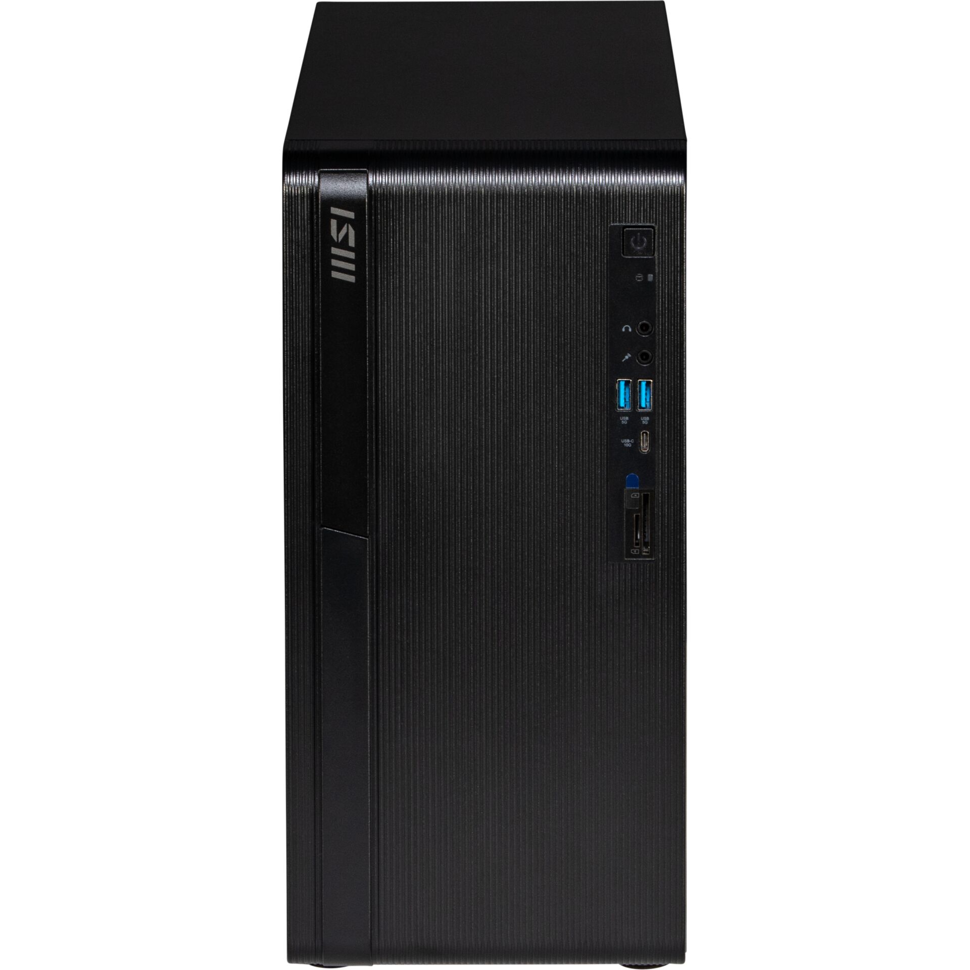 Desktop-PC, schwarzes Gehäuse, USB-Anschlüsse, Audioanschlüsse, geriffelte Front