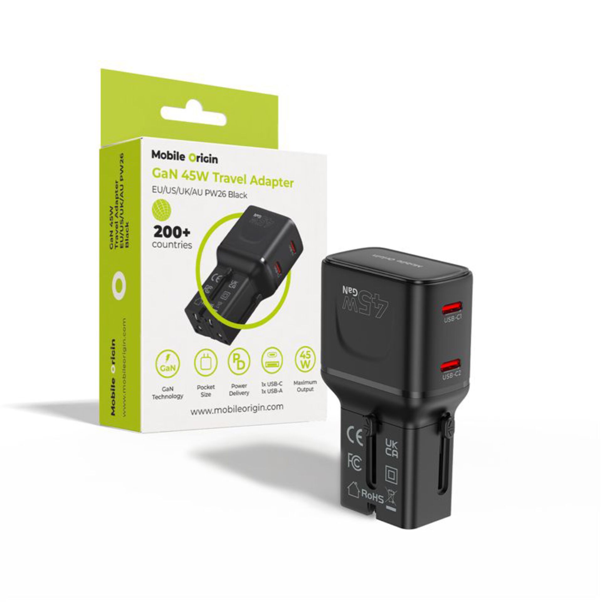 Reiseadapter, GaN, USB-C, USB-A, Schwarz