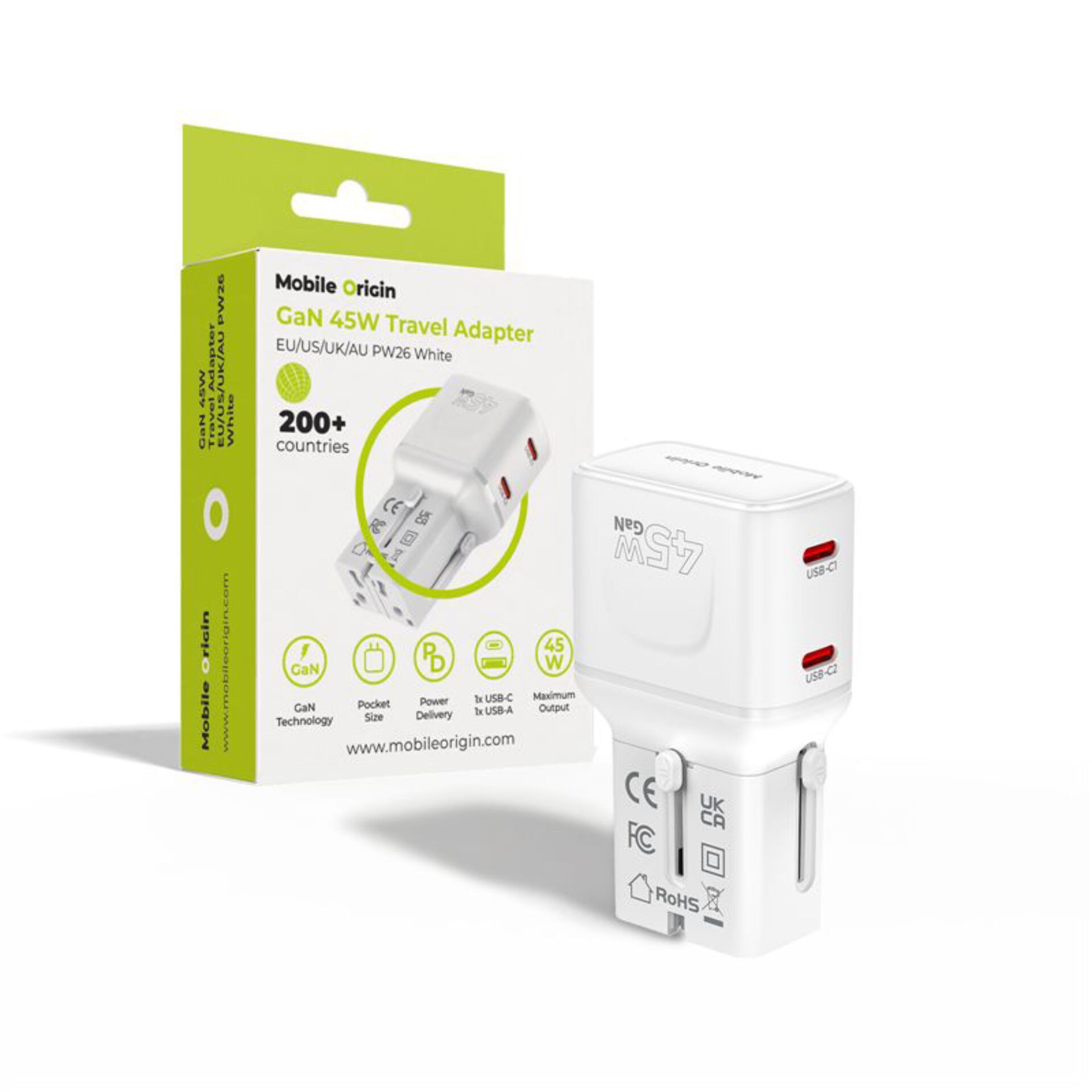 GaN Reiseadapter, USB-C Ladegerät, Weißer Adapter, Tragbarer Strom, EU/US UK AU