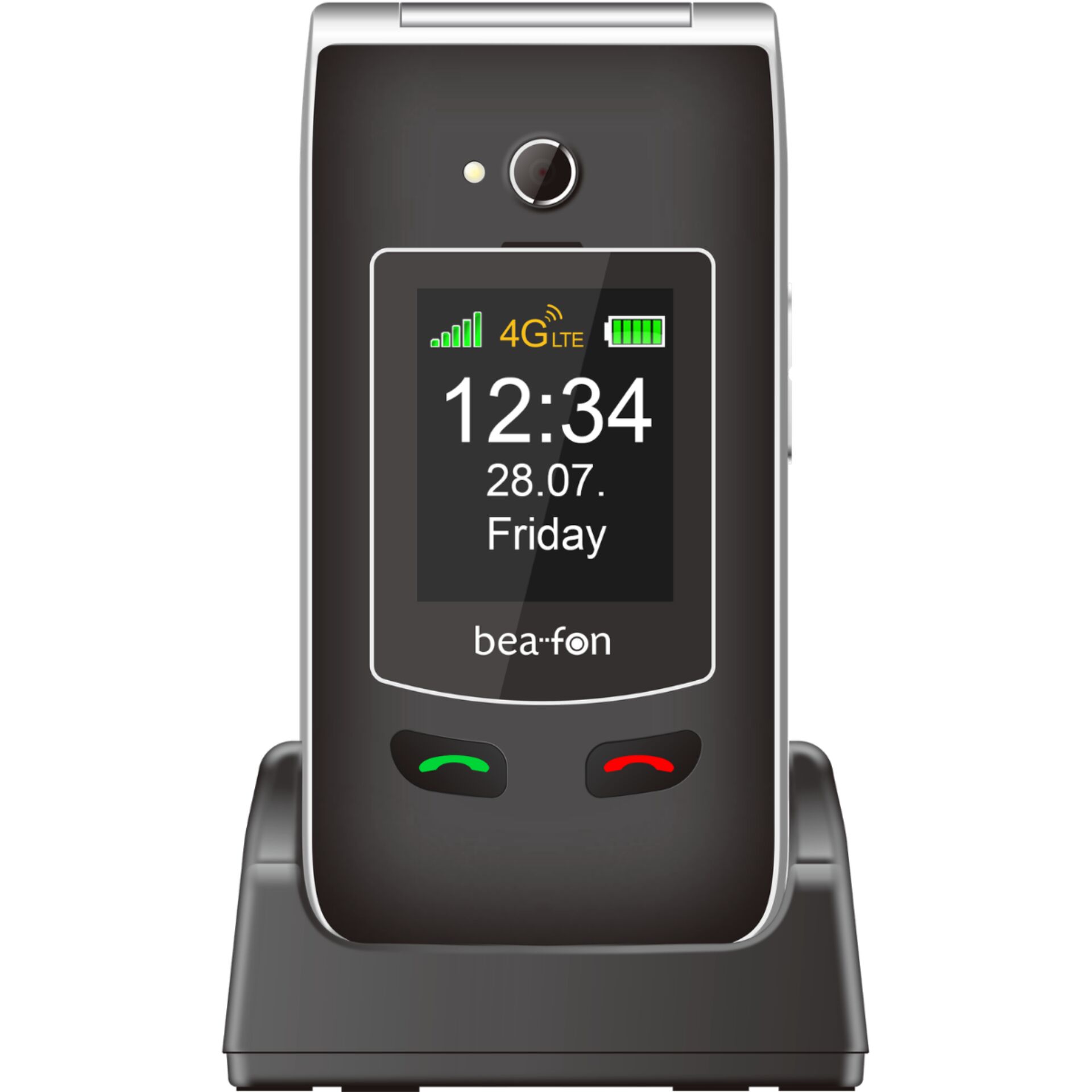 flip-fn phone, mobile phone, black device, indoor dock, digital display
