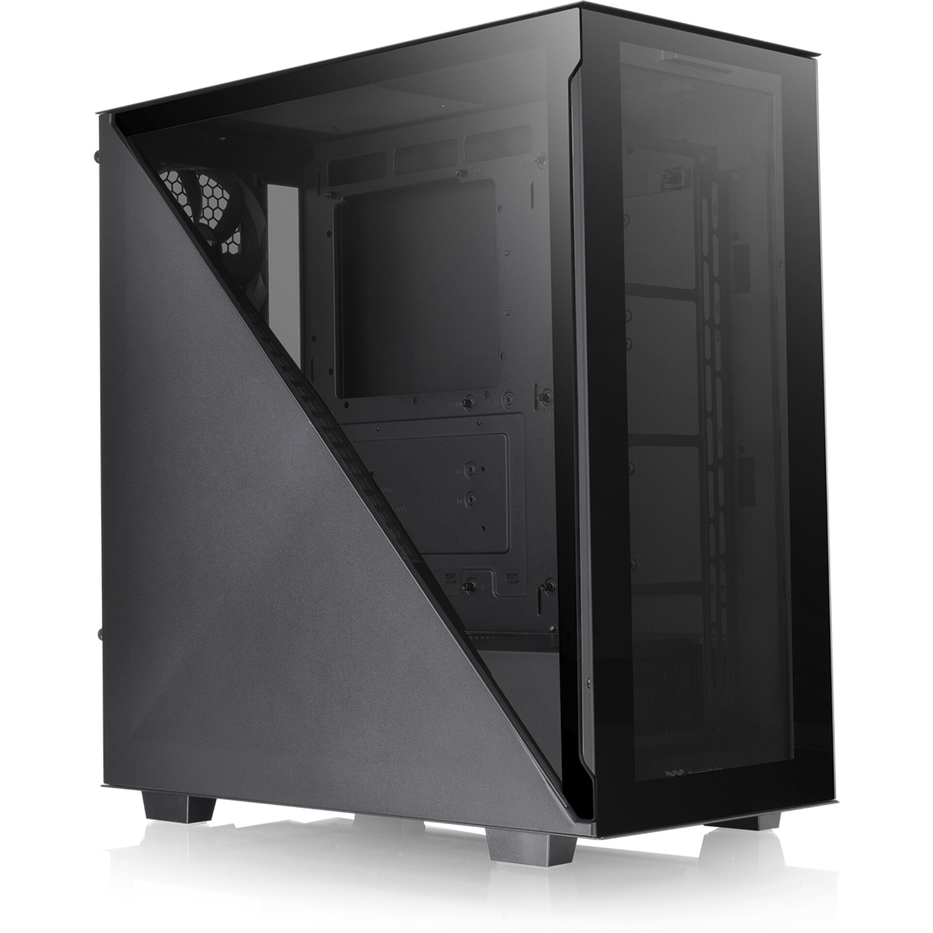 pc case, mid tower, glass panel, angulated side window, schwarz