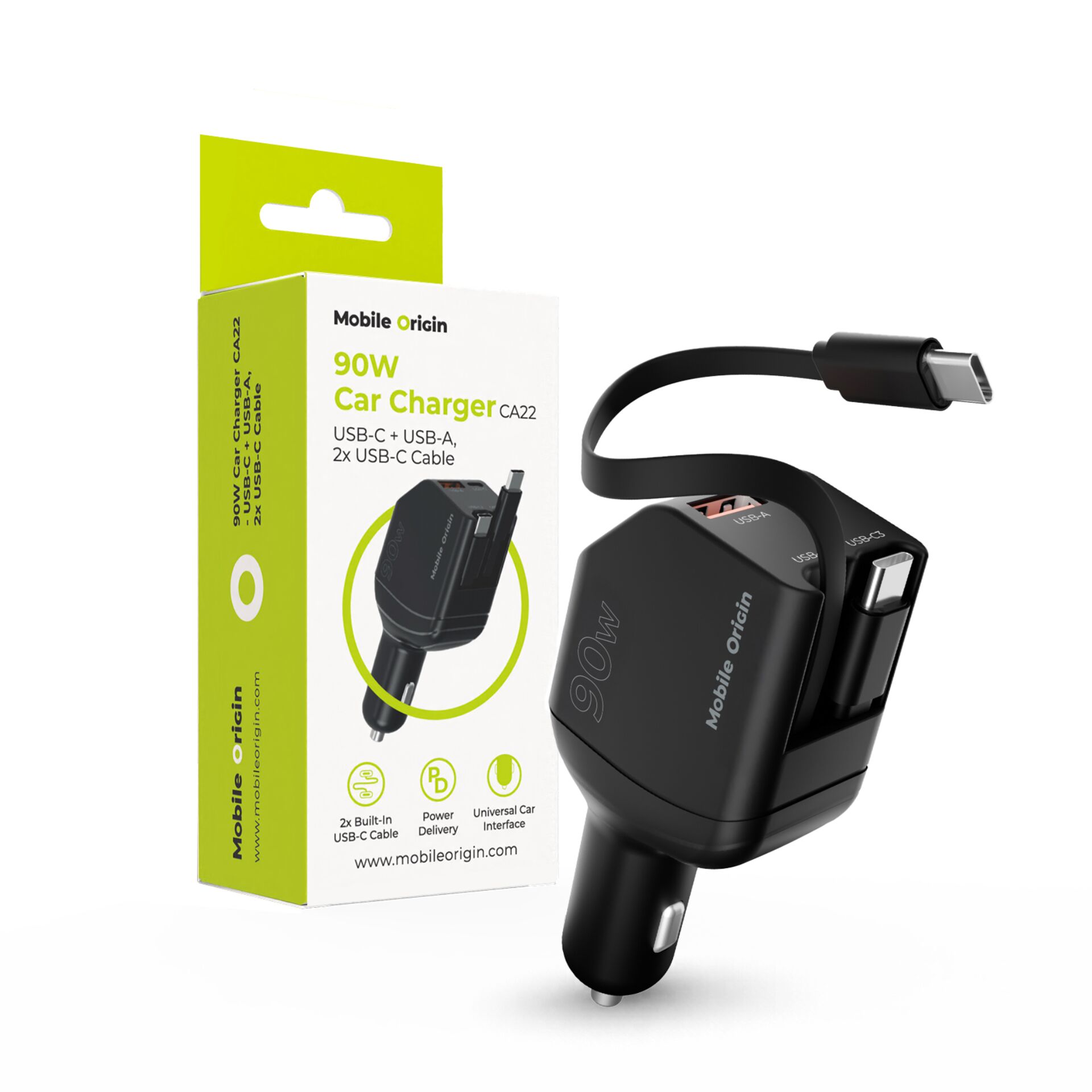 Autoladegerät, USB-C, USB-A, 90W, Zigarettenanzünder-Stecker