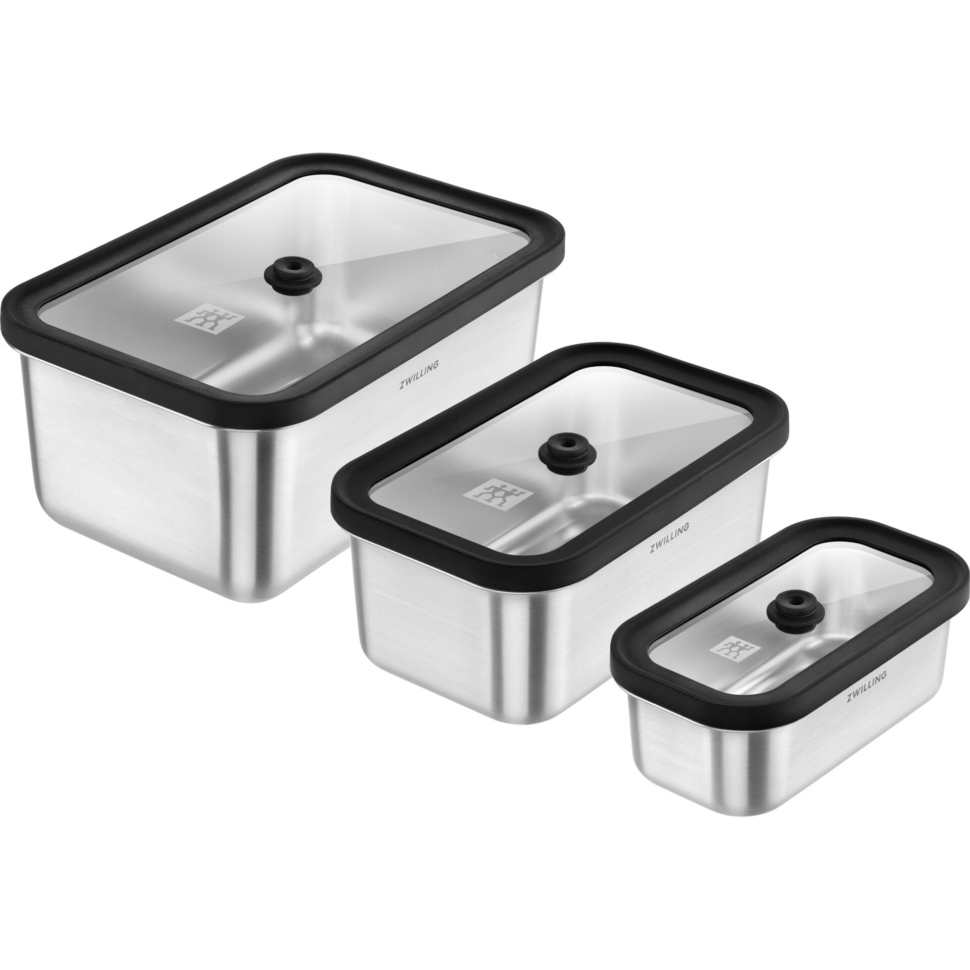 Vakuumbehälter, Edelstahl, Glasdeckel, schwarzer Rand, 3er-Set