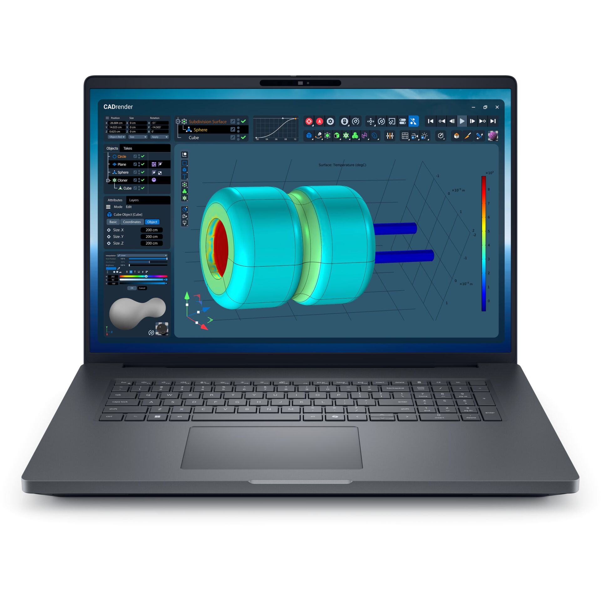 Laptop, CAD-Software, 3D-Modell, Farbverlauf, Scharnierbildschirm