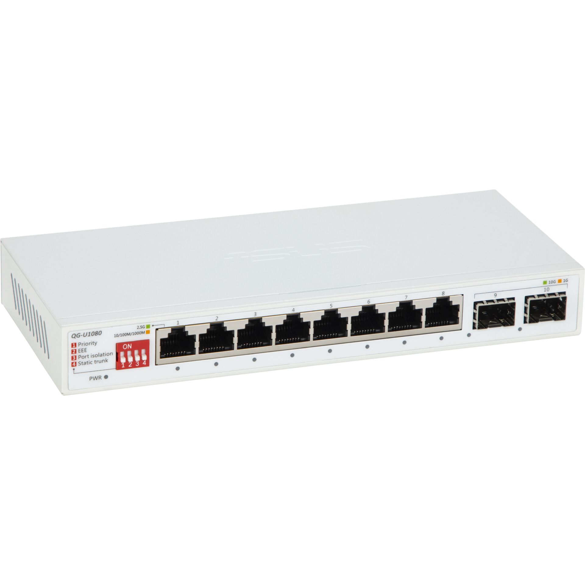 Netzwerk-Switch, 8 Ethernet-Ports, 2 SFP-Ports, weißes Gehäuse, Metallgehäuse, Netzwerk-Switch, 8 Ethernet-Ports, 2 SFP-Ports, Weißes Gehäuse