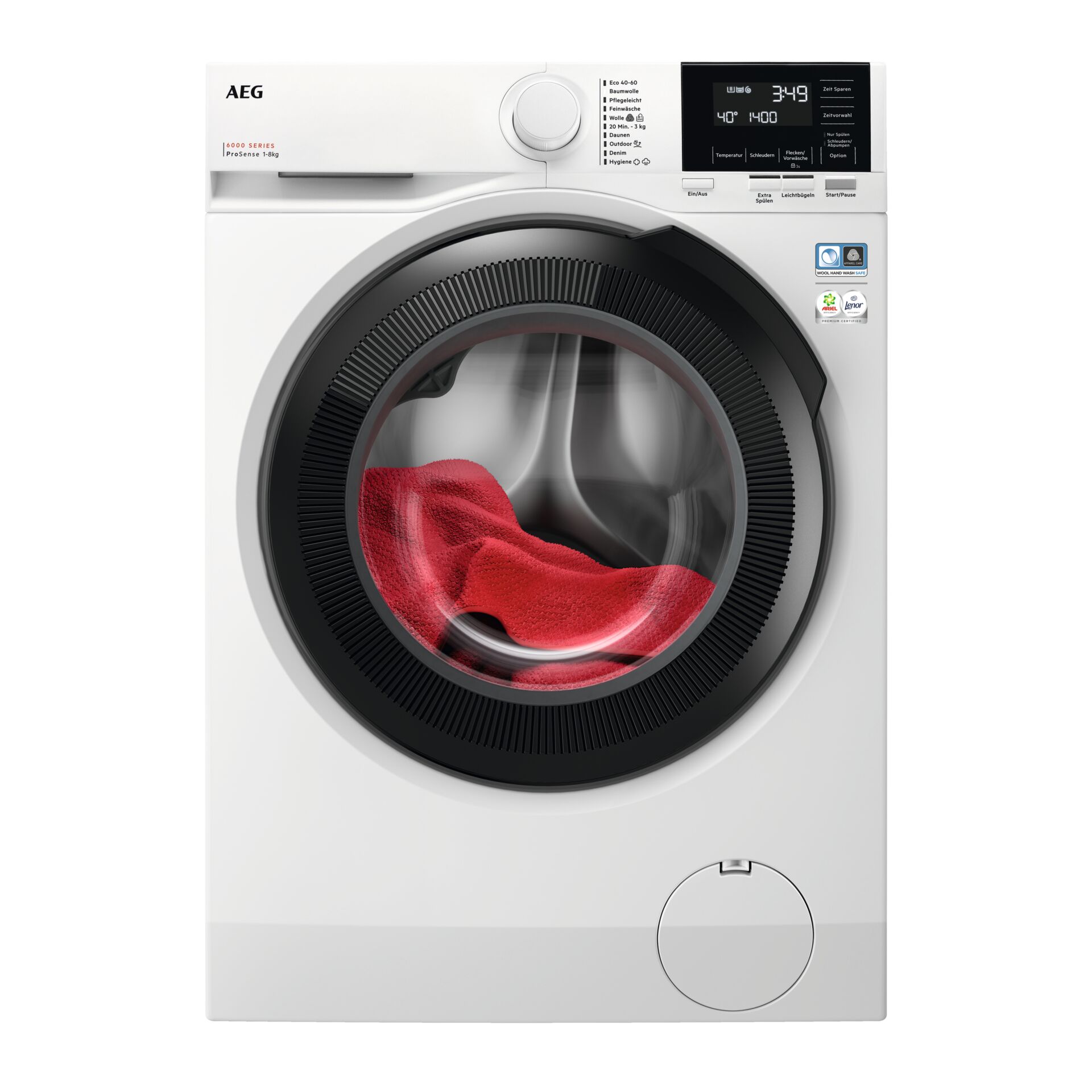 Waschmaschine, Frontlader, 3/4-D Anzeige, Schwarz-Rot Innenraum, Baukasten Tür