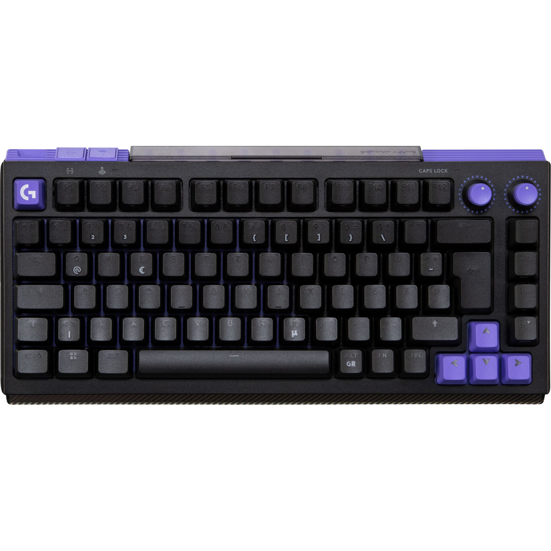 mechanische Tastatur, schwarze Tastatur, lila Akzente, kompakte Tastatur, Pfeiltasten