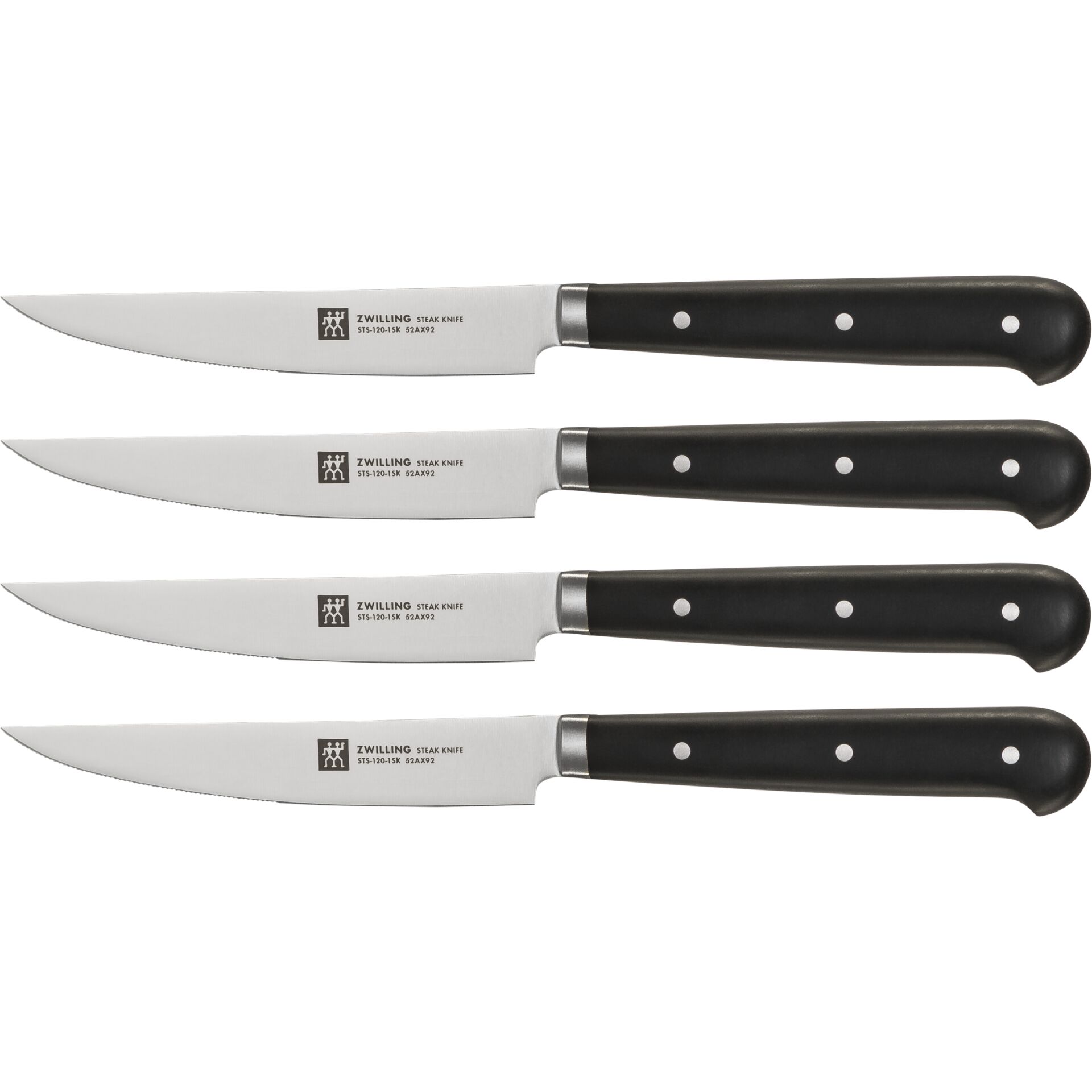 Steakmesser, 4er-Set, Edelstahl, schwarzer Griff, Klingenlänge mittel