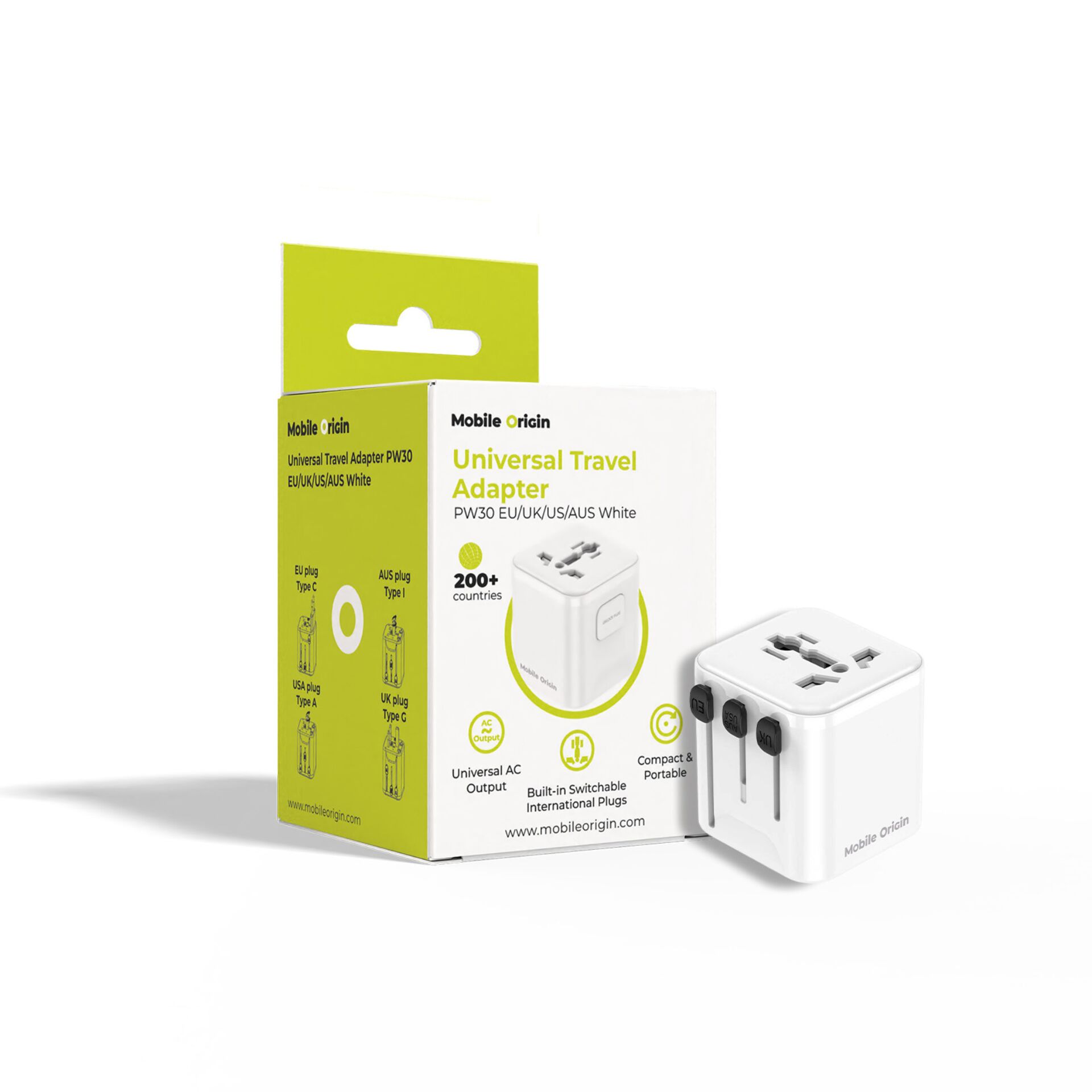 Universal Travel Adapter, White, Compact, USB outlets, Plug adapters