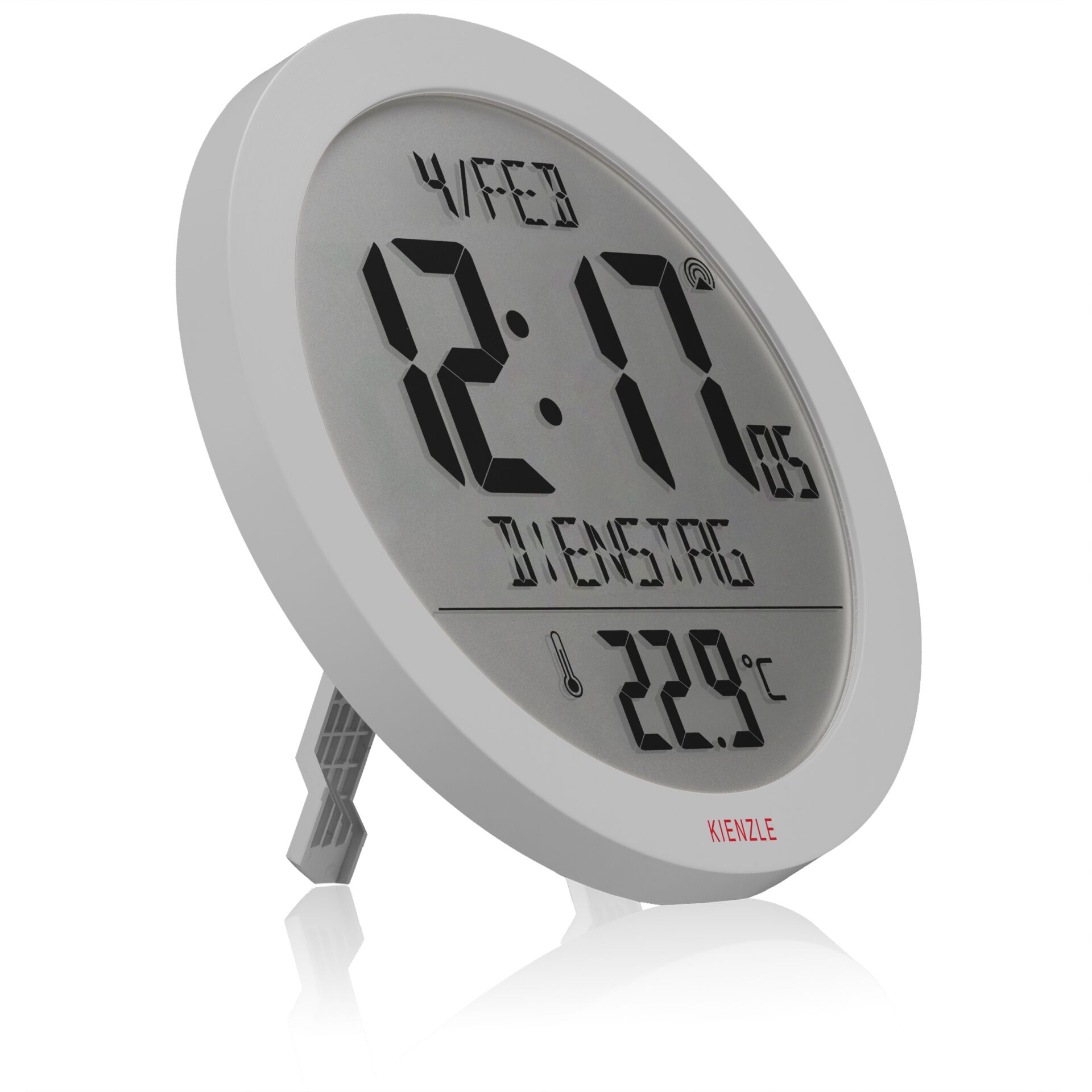 digitaler wecker, thermometer, runder wecker, LCD-anzeige, weißer plastik