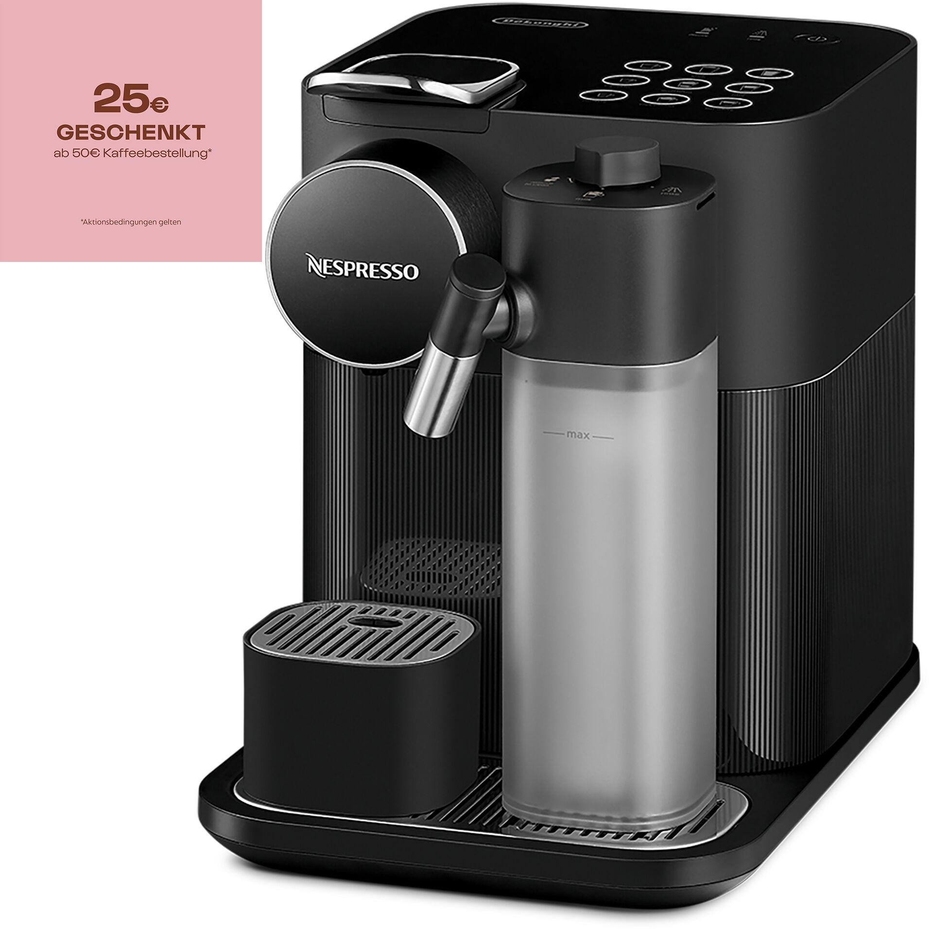 Pokal, Pokal, Kaffeemaschine, Kaffeeautomat, Espresso, Milchbehälter, Kapselmaschine, Kaffeemaschine, Kapselmaschine, Espresso, Kaffeeausgabe, Wasserbehälter, Kaffeemaschine, Espressomaschine, Kapselmaschine, Milchschaumbehälter, Schwarz