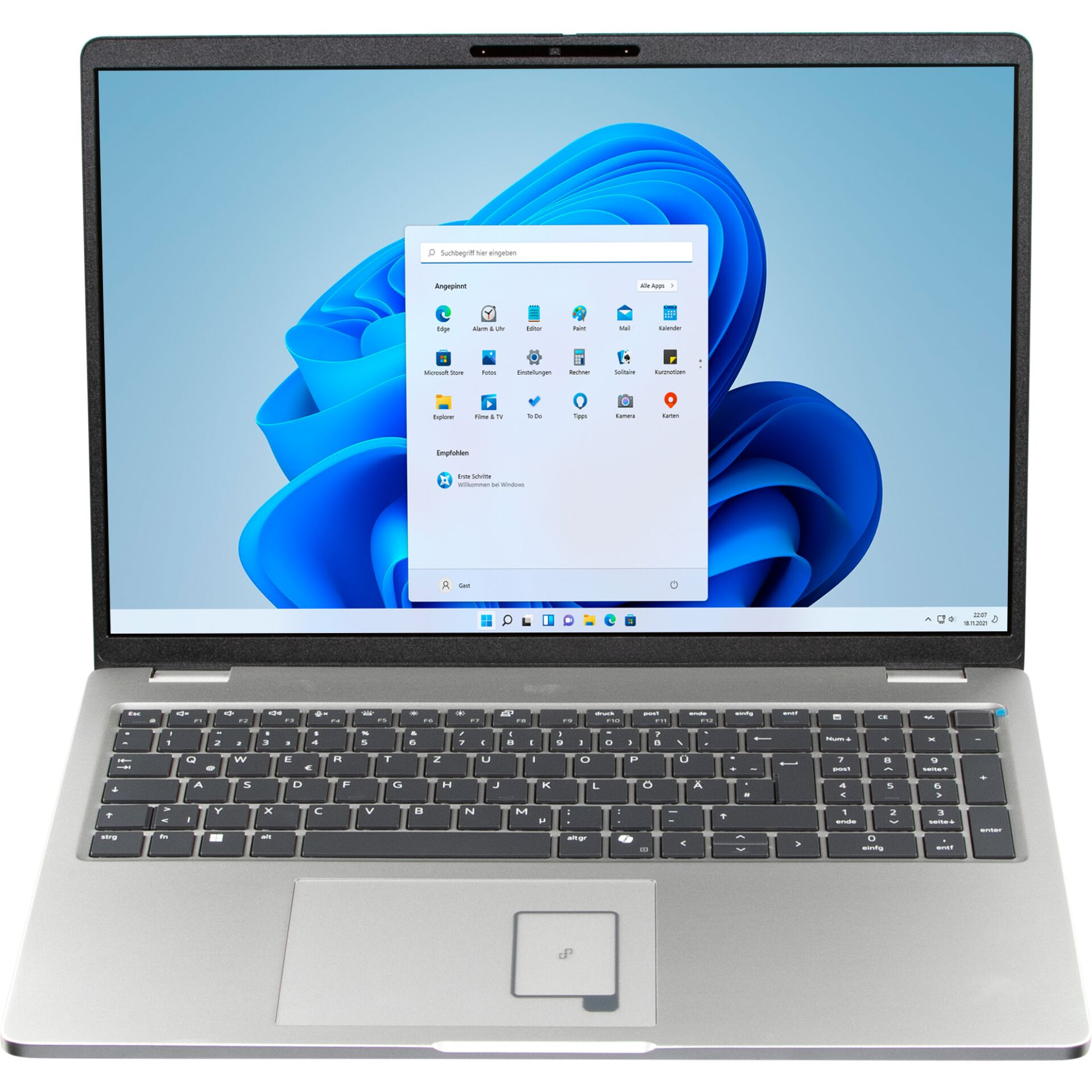 Laptop, silbernes Gehäuse, Ziffernblock, Webcam, Windows 11