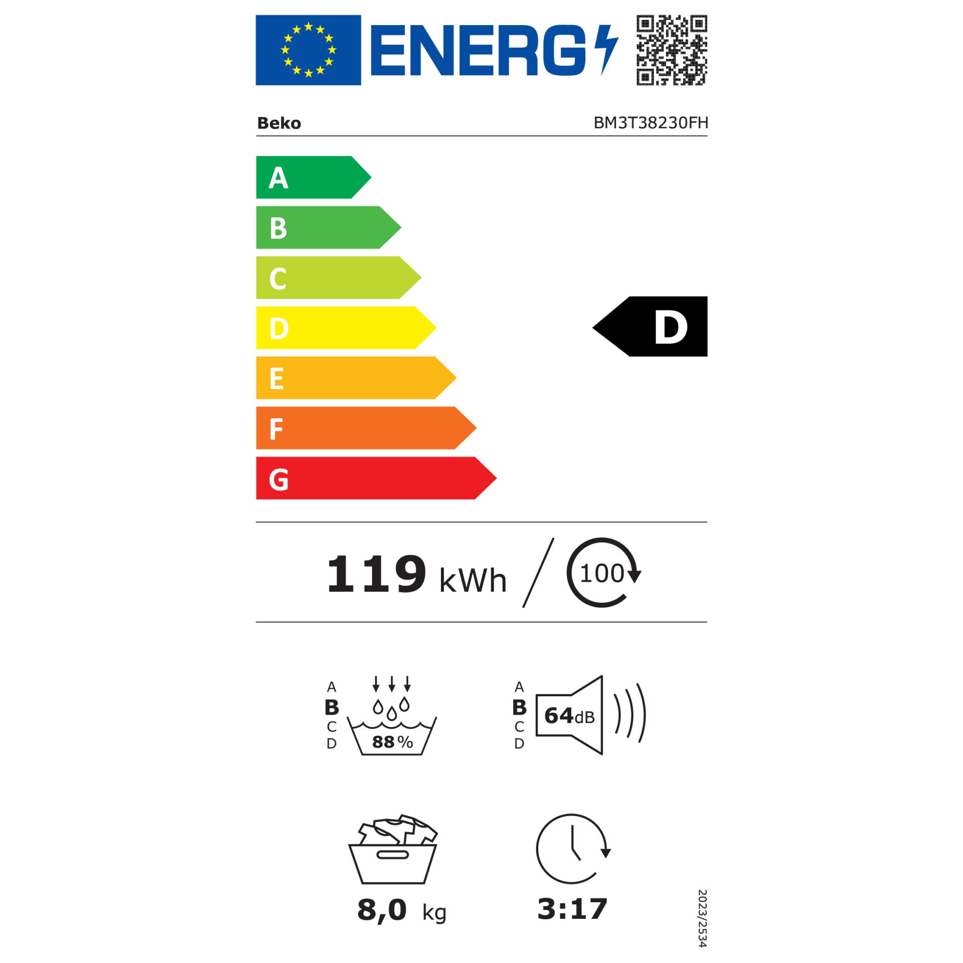 Waschmaschine, Frontlader, 8 kg, Energieklasse D, 64 dB