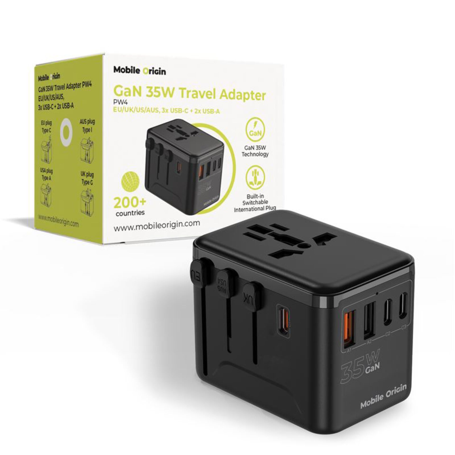 GaN travel adapter, USB-C ports, 3x USB-A, kompakter schwarzer, international plug