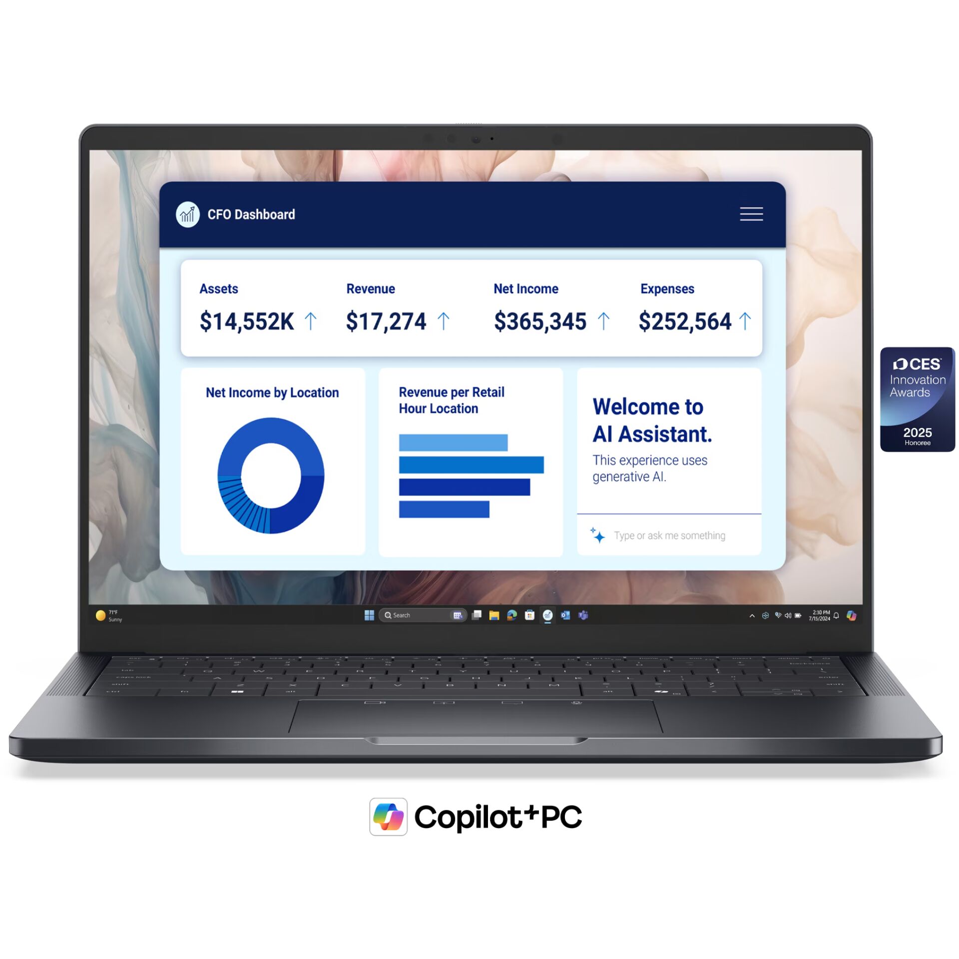 laptop, dashboard UI, screen display, Copilot-PC, blue UI
