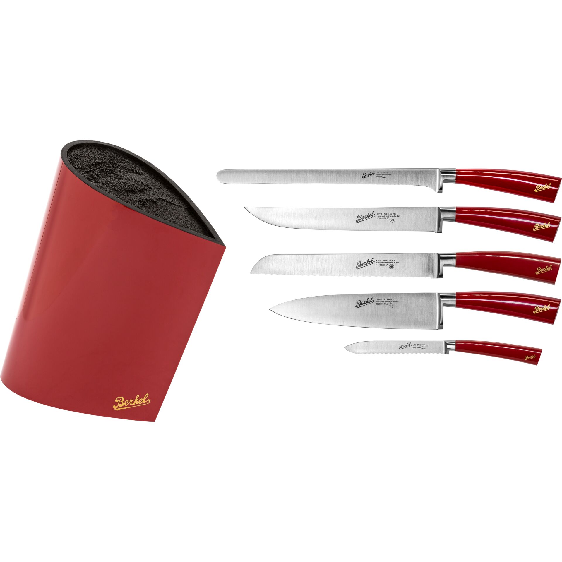 chef-messer, messer-set, stahl, roter-griff, holzblockhalterung