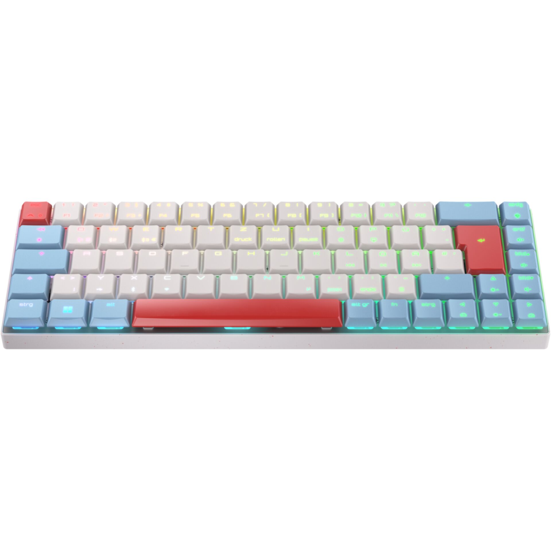 mechanische Tastatur, RGB, weiße Tastenkappen, roter Leertaste, kompakte Bauweise