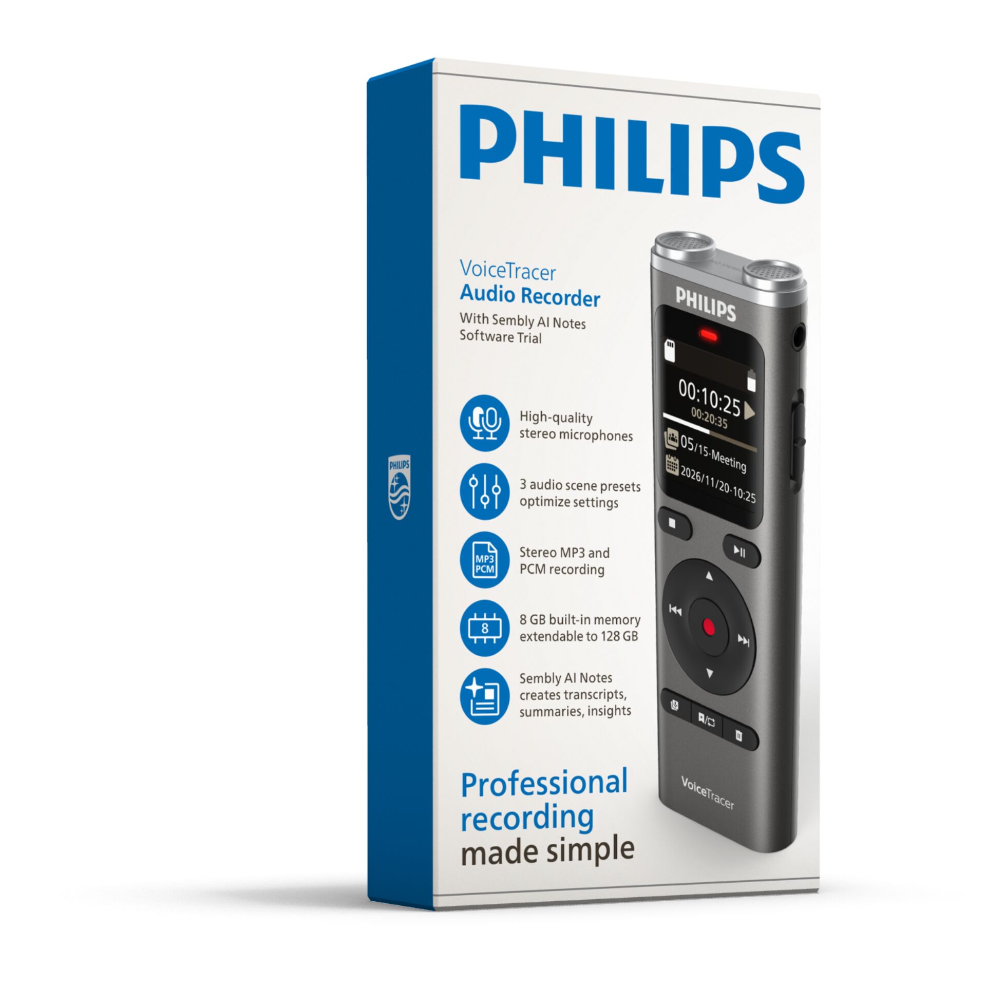 Sprachrecorder, Phillips Box, Stereo-Mikrofon, MP3 PCM, Integrierter Speicher