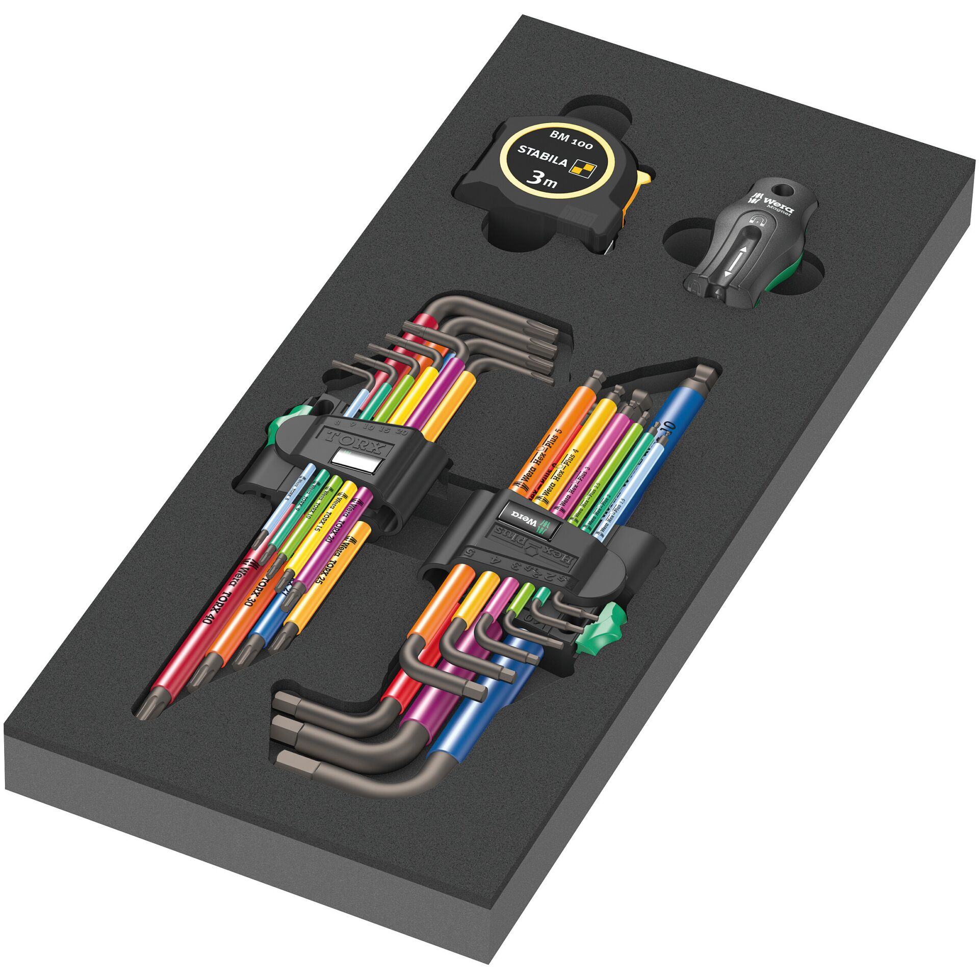 Schlagsatz-Schraubendreher, Kabelorganizer, Messwerkzeug-Set, Farbstifte, Maßband