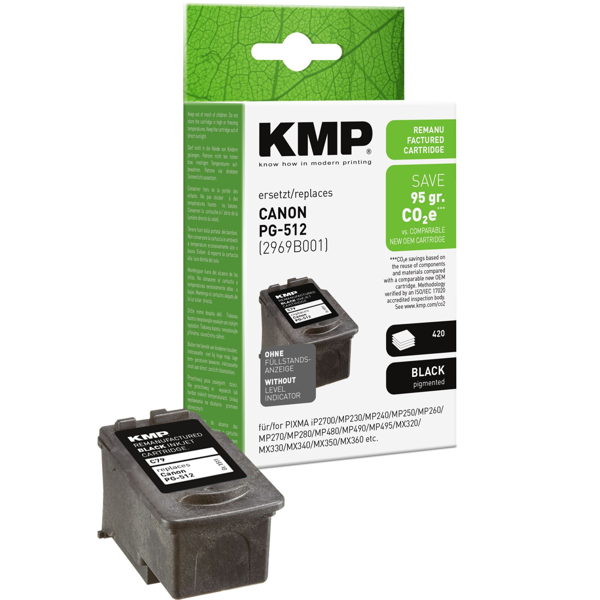 Adapter, Elektronik, QR Code, Tintenpatrone, KMP, Canon PG-512, Schwarz pigmentiert, Tintenpatrone kompatibel